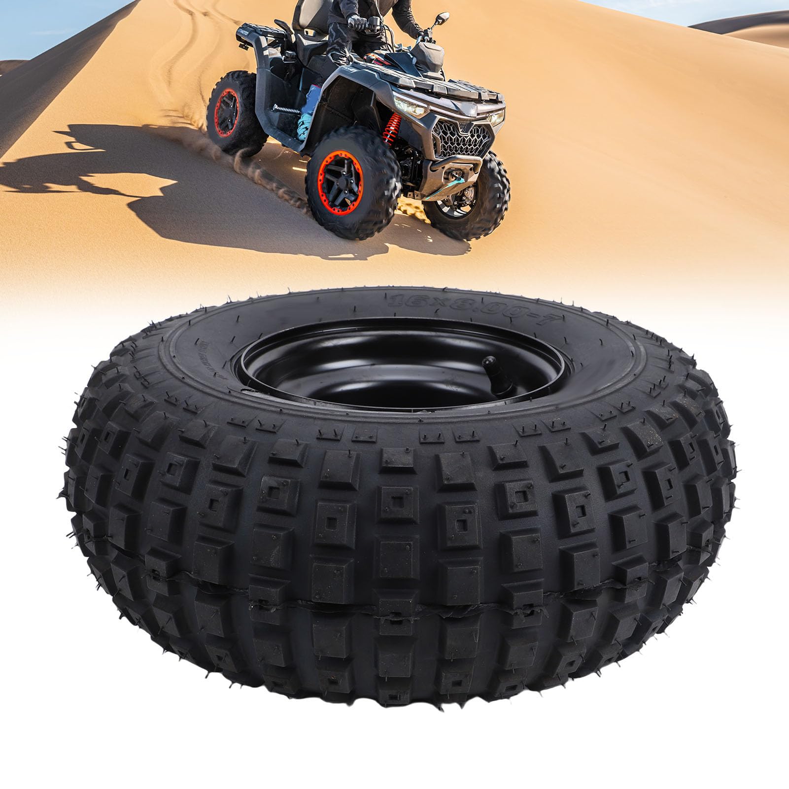 Luocute Neumático de Rueda ATV 16x8-7, Neumáticos Todo Terreno sin Cámara con Ruedas de 3 Lengüetas de 7 Pulgadas para Cortacésped UTV Quad Go Kart Cart, Antideslizante