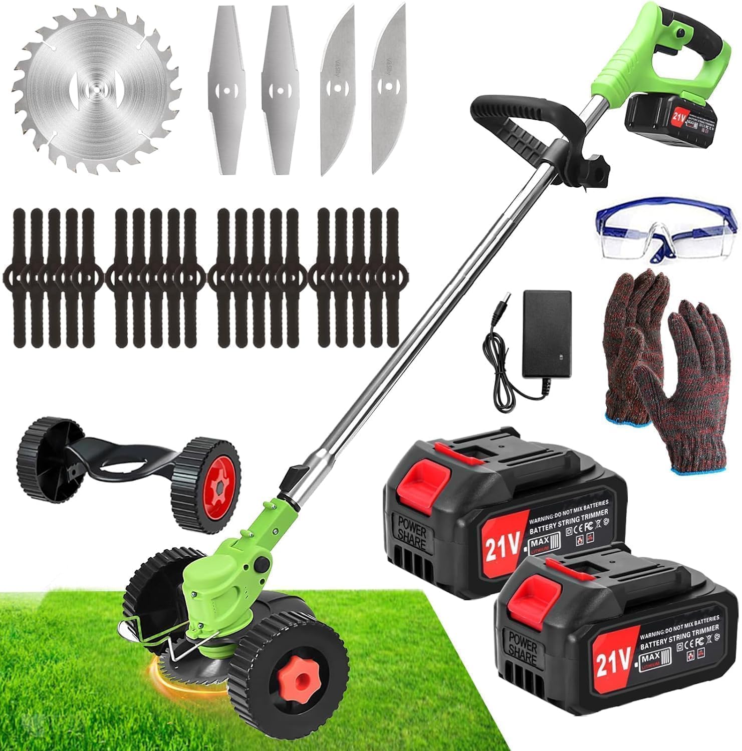 Electric Weed Eater Battery Powered Electric Weed Wacker 21V Cordless Weed Wacker with 2PCS 4.0AH Batteries and 3 Types Blades&Auxiliary Wheel Lightweight Brush Cutter for Yard and Garden Green