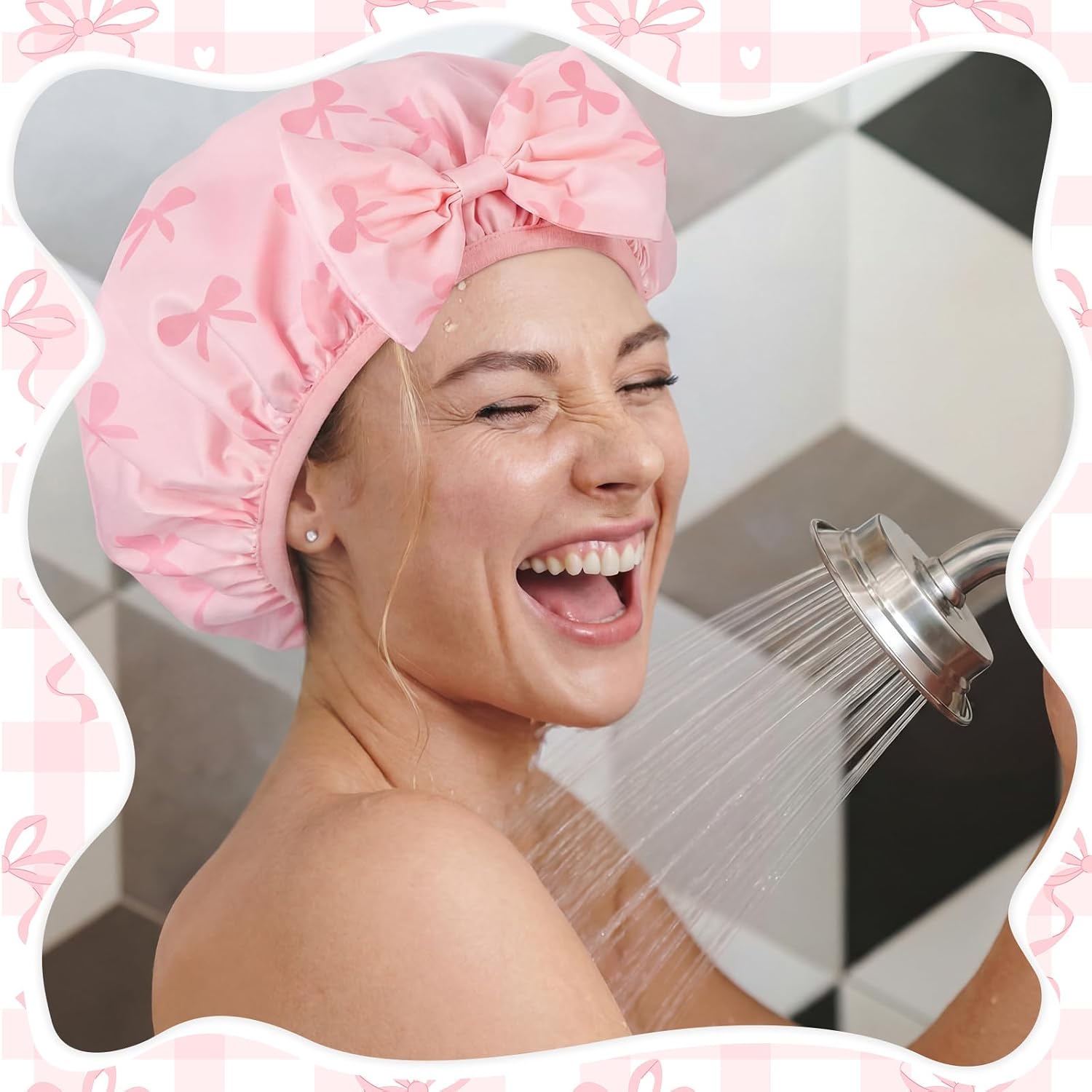 ramede Large Satin Lined Shower Cap for Women Reusable Waterproof Double Layer Bath Cap with Cute Pink Bow Large Washable Bath Caps with Soft Elastic Band Protect Long Hair Braids Locs