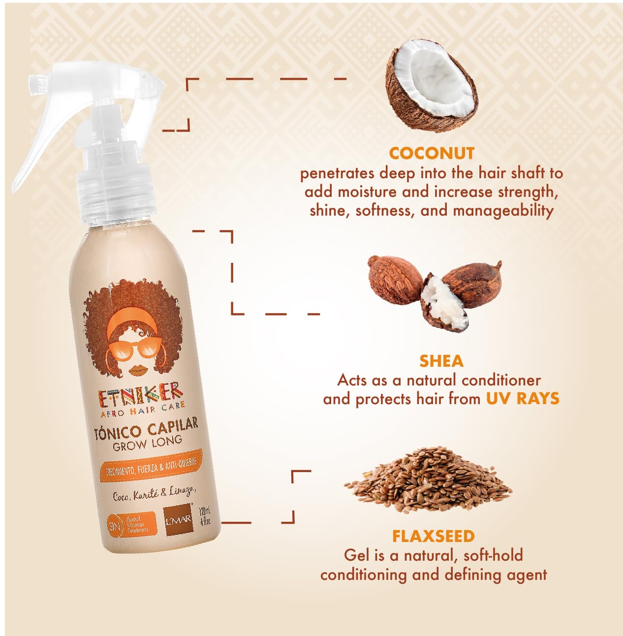 ETNIKER Hair Tonic for Afro, Curly & Wavy Hair | Strengthens & Reduces Breakage | with Coconut, Flaxseed & Shea Butter | Alcohol-Free, Paraben-Free | Nourishing Scalp Treatment | 4 fl oz by L’MAR