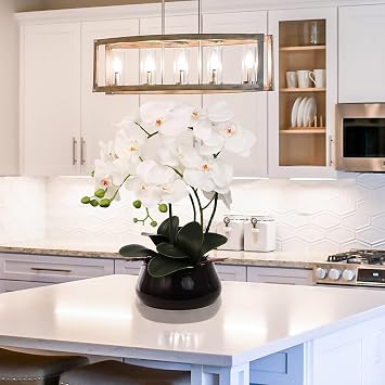 Larksilk White Orchid in Black Pot 2-Pack, Silk Potted Phalaenopsis | Two pre-potted white phalaenopsis in black pots for desks, shelves & paired office or home accents; no watering