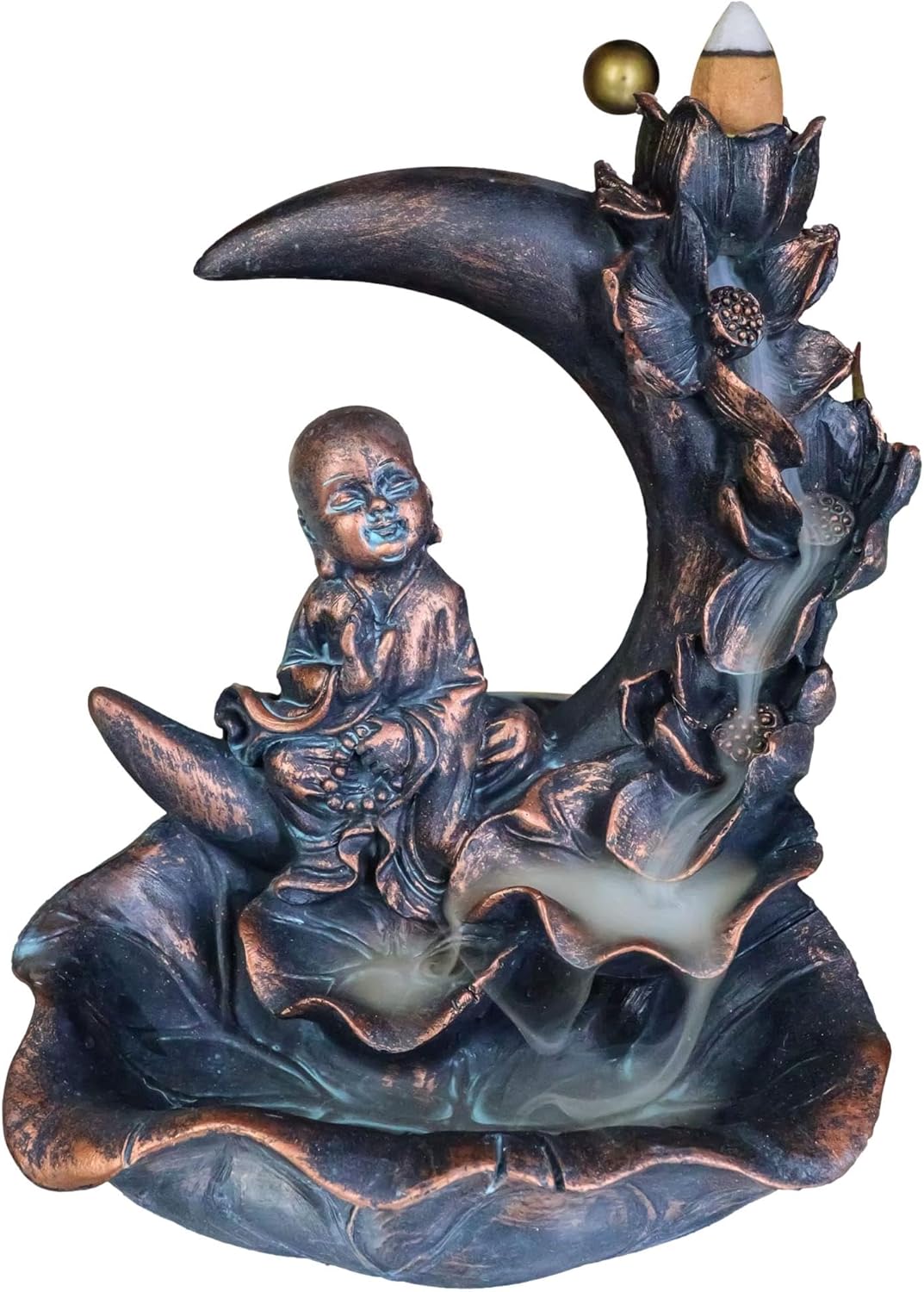 Ebros Gift Eastern Enlightenment Buddha Monk Meditating On Crescent Lotus Moon with Padme Flower Basin Backflow Incense Cone Burner Smoke Waterfall Holder Figurine Buddhism Feng Shui Zen Accent