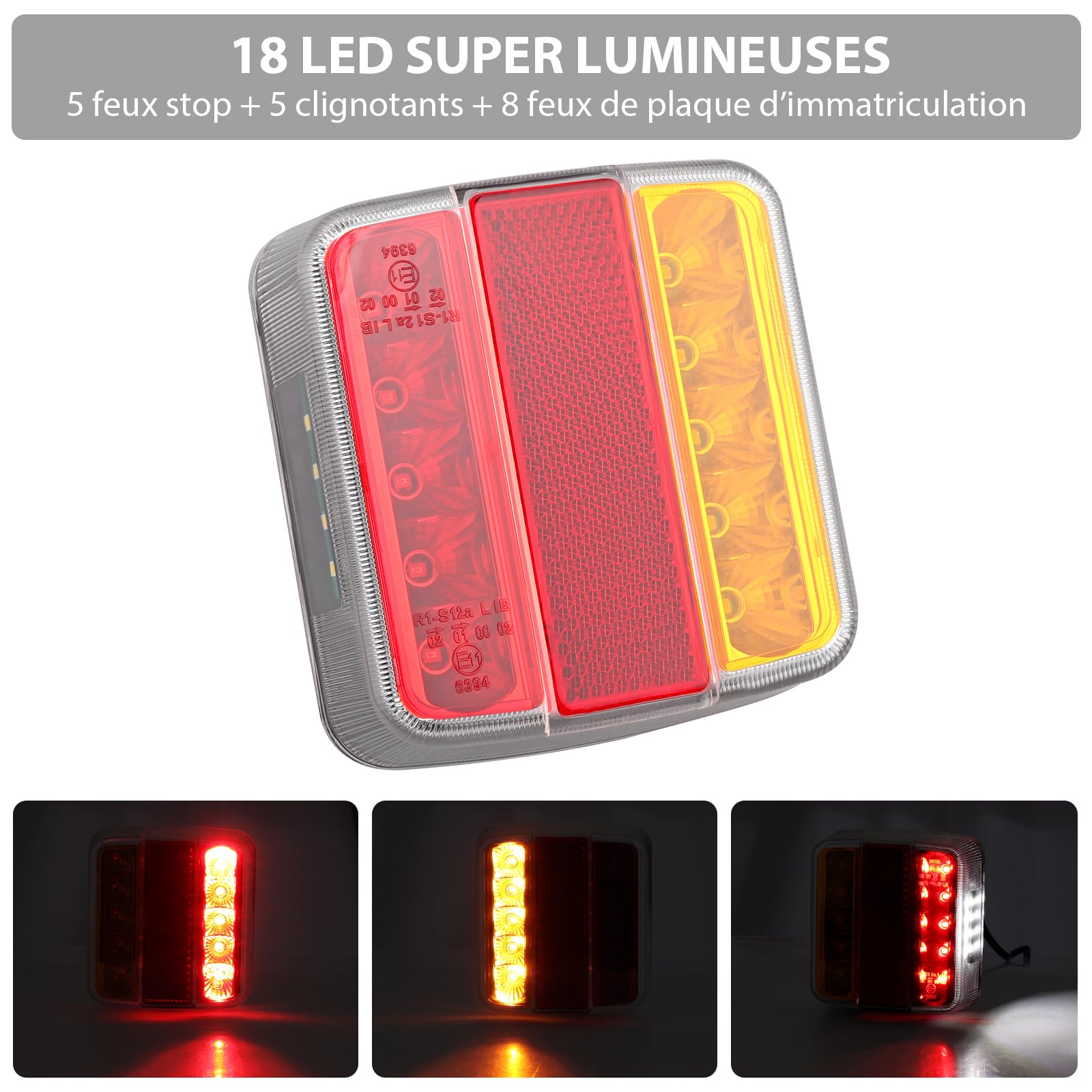 Justech 2PCS Feux Arrière de Remorque à LED avec Câble de 7,5 m et Prise à 7 Broches Ampoule de Feu Arrière 12V 3 Fonctions Feux de Plaque d’immatriculation pour Camion, Remorque, Caravane E11