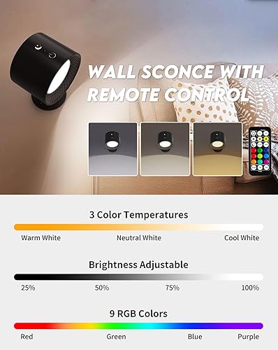 Miniatura 6 de KINGTOP Battery Operated Wall Sconce, Wireless Magnetic Wall Lights with Remote, 9 Colors RGB Rechargeable Ambient Sconce, 3 Color Temp, Dimming &