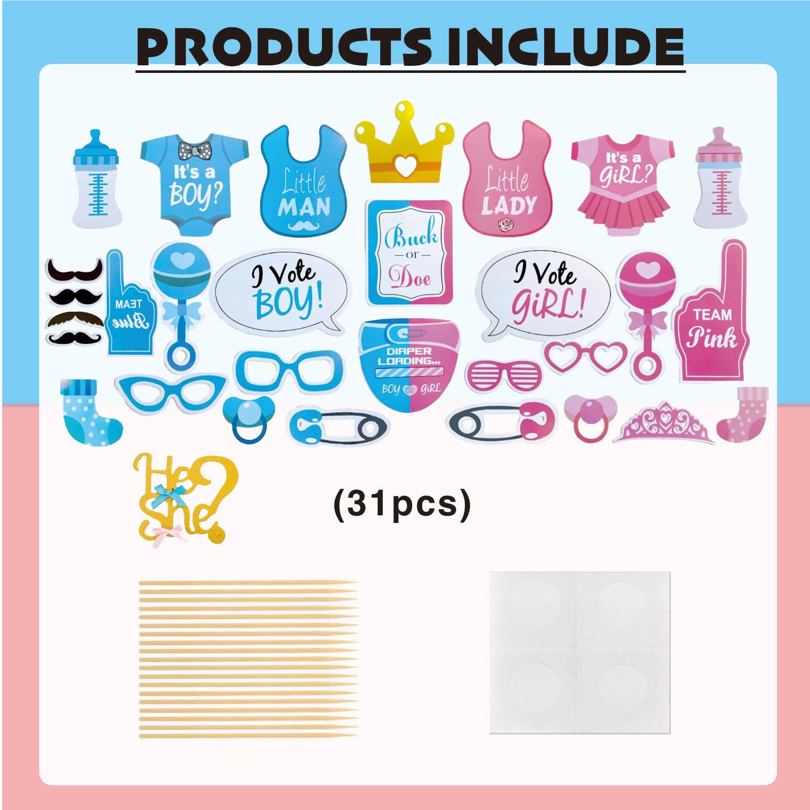 YGFEJSDNSW 31PCS Baby Shower Kit Cake Topper, Gender Reveal Photo Booth Props Boy or Girl Theme, Birthday Party Decorations Gender Reveal Party Photo Props