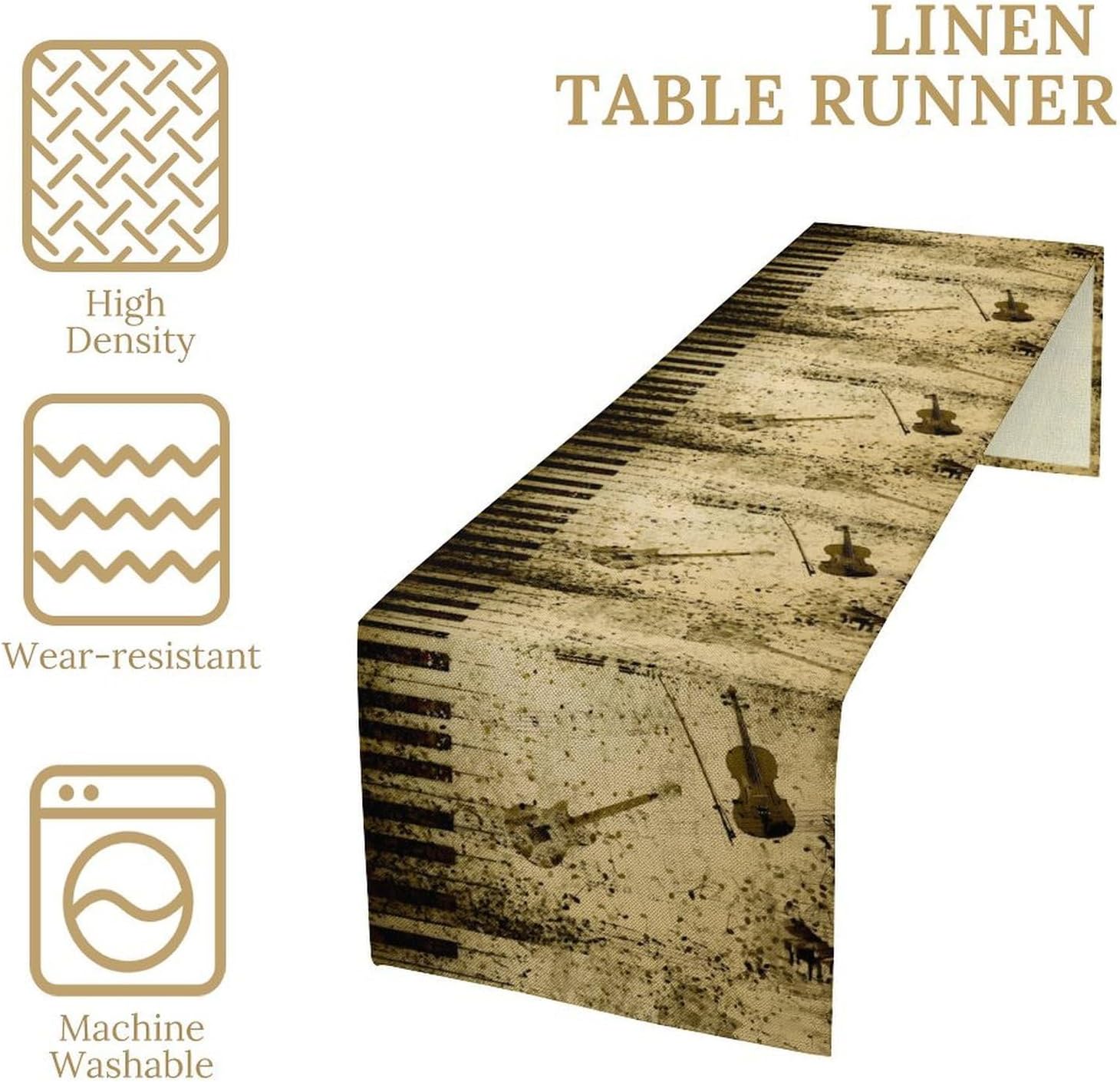 Vintage Musical Table Runner, Retro Music Instrument Guitar Violin Piano Table Decoration for Kitchen Dining Holiday Party Decor, 13x120 Inch