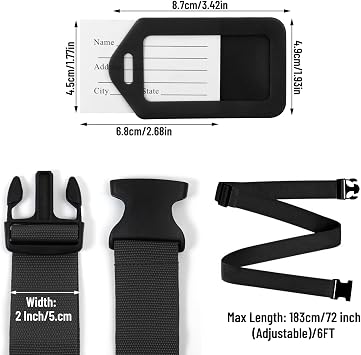 Luggage Straps,2 Pack Adjustable Luggage Straps for Suitcases and Tags Set 2 Straps, 2 Tags,Extends Life of Bag,Black