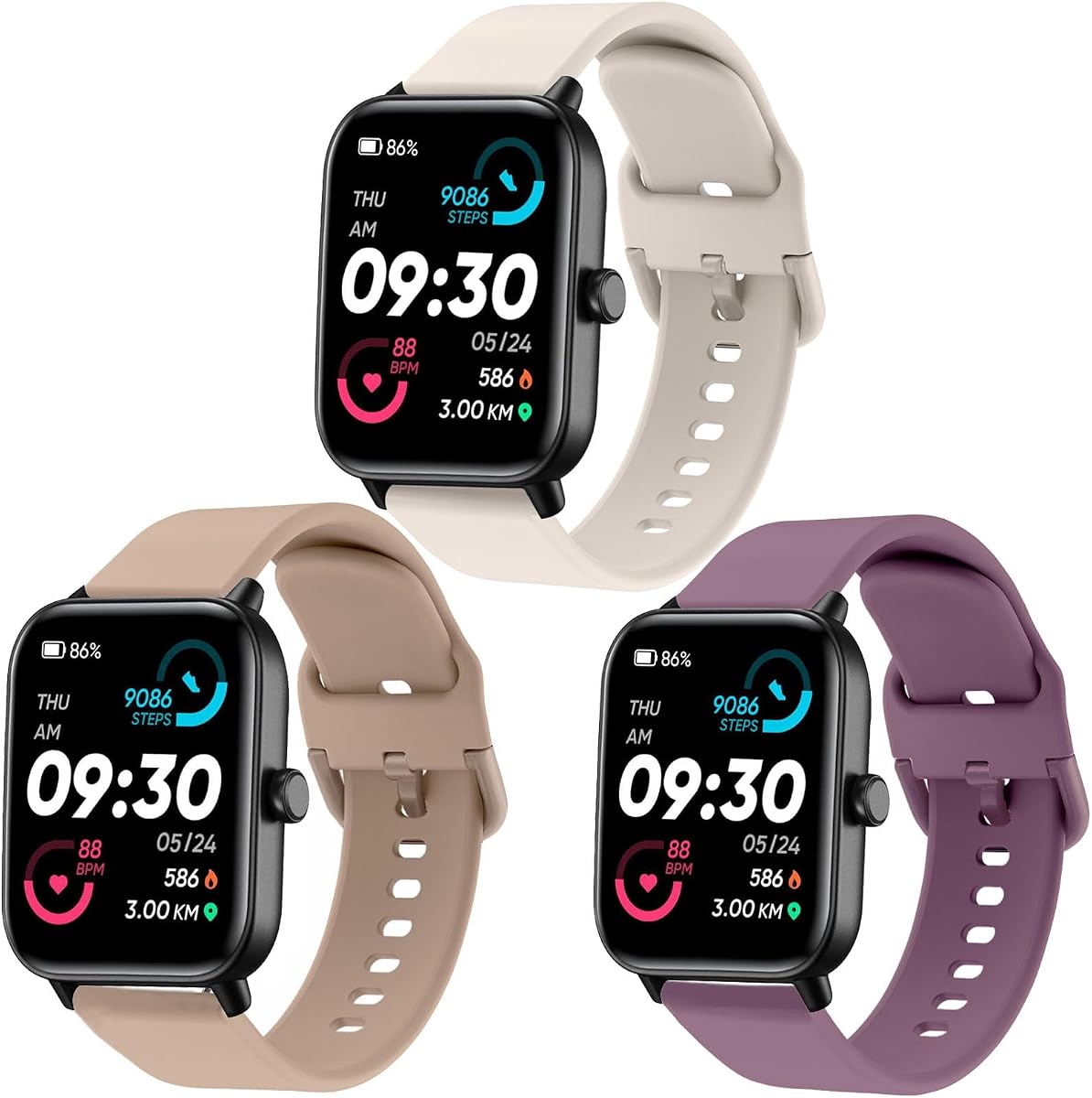 ViCRiOR Paquete de 3 correas de reloj de 22 mm compatibles con IDW13, IDW16, IDW19, correa de repuesto de silicona suave para reloj Fitpolo IDW13/Woneligo W13/FITVII HM57/TOOBUR IDW16/MILOUZ IDW19 para mujeres y hombres