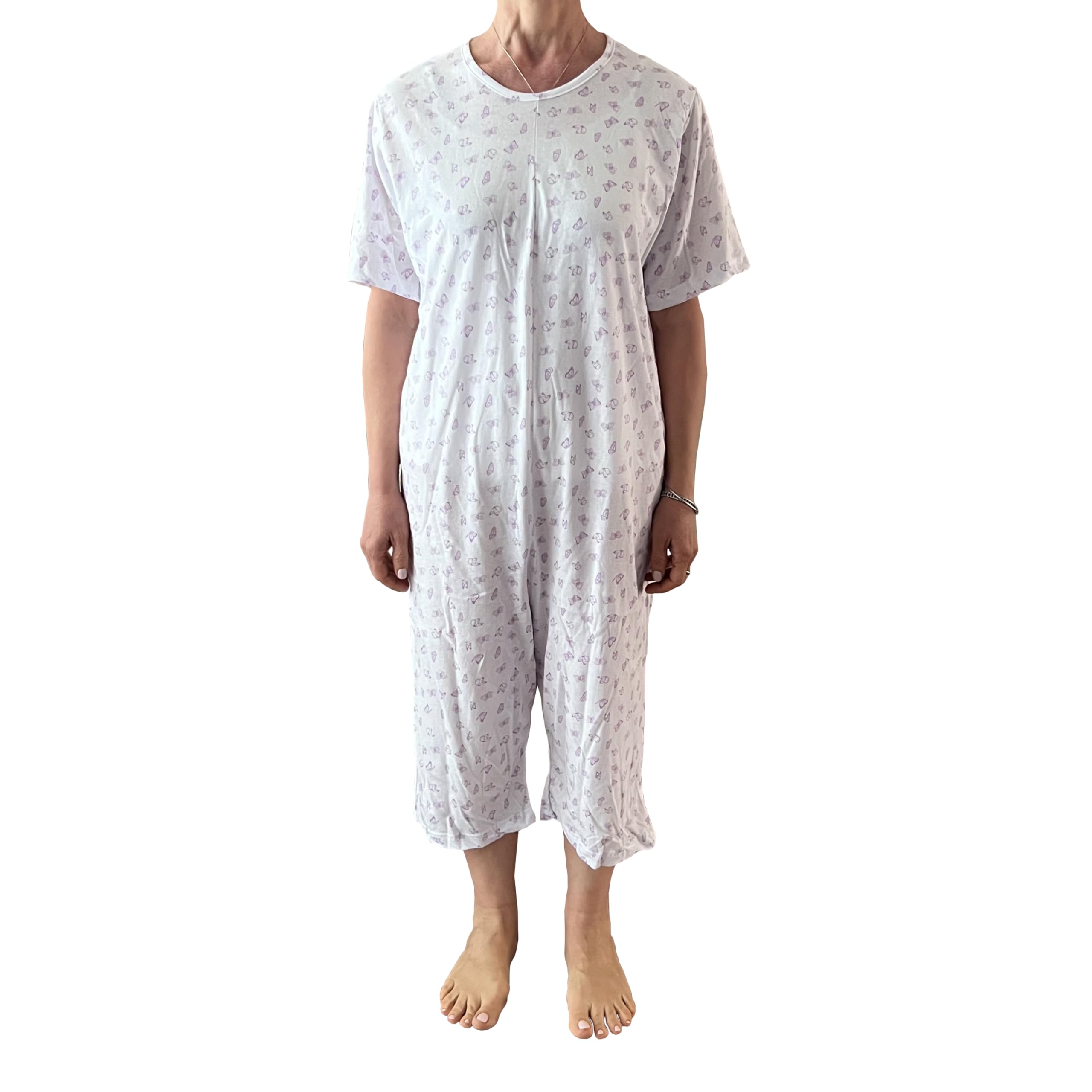 Pigiama Sanitario Donna Estivo Anziani Maniche Corte E Pantaloncino, Tutone Cerniera Posteriore, Farfalle Glicine