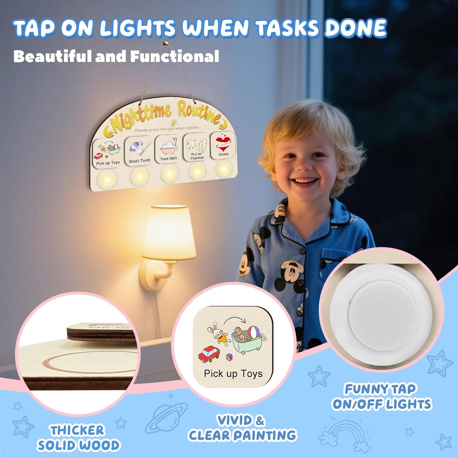 Bedtime Routine Chart for Toddlers, Visual Schedule Chore Chart Night to Do List with 5 Tap Lights & 8 Activity Cards Planning, Wooden Schedule Board for Kids, Preschoolers, Autism, ADHD Tools