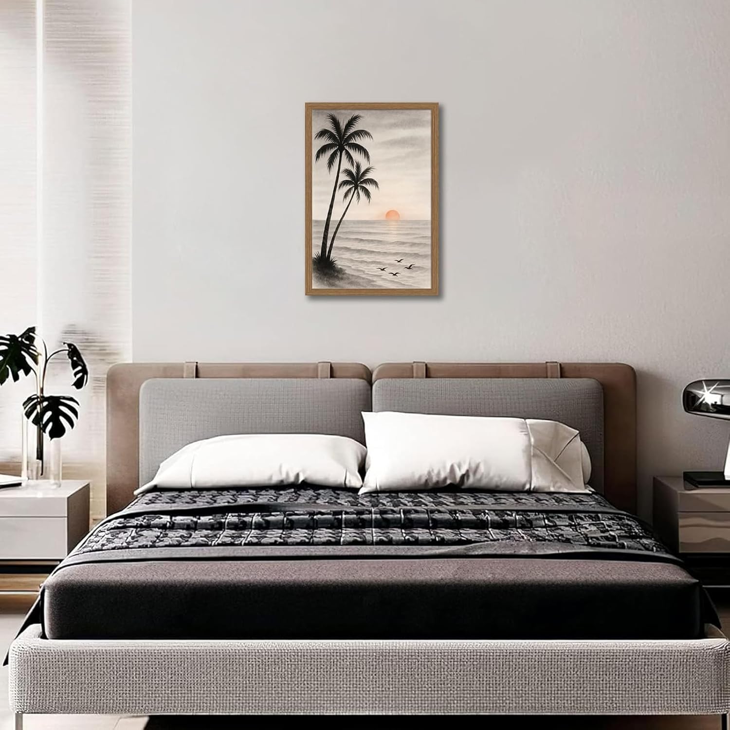 FuFoyi Serene Tropical Sunset Palm Tree Wall Art Minimalist Watercolor Coastal Ocean Print with Birds, Elegant Beach Zen Boho Picture Wall Decor Painting for Modern Home Framed 12x16 Inches