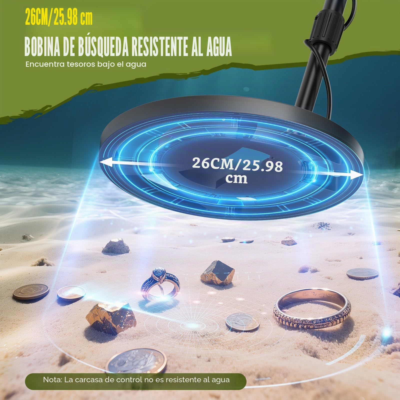Detector de Metales Profesional para Adultos y Niños, Longitud Ajustable (113-141 cm), Set de Detector de Metales con Bobina de Búsqueda Resistente al Agua IP68 (Verde)