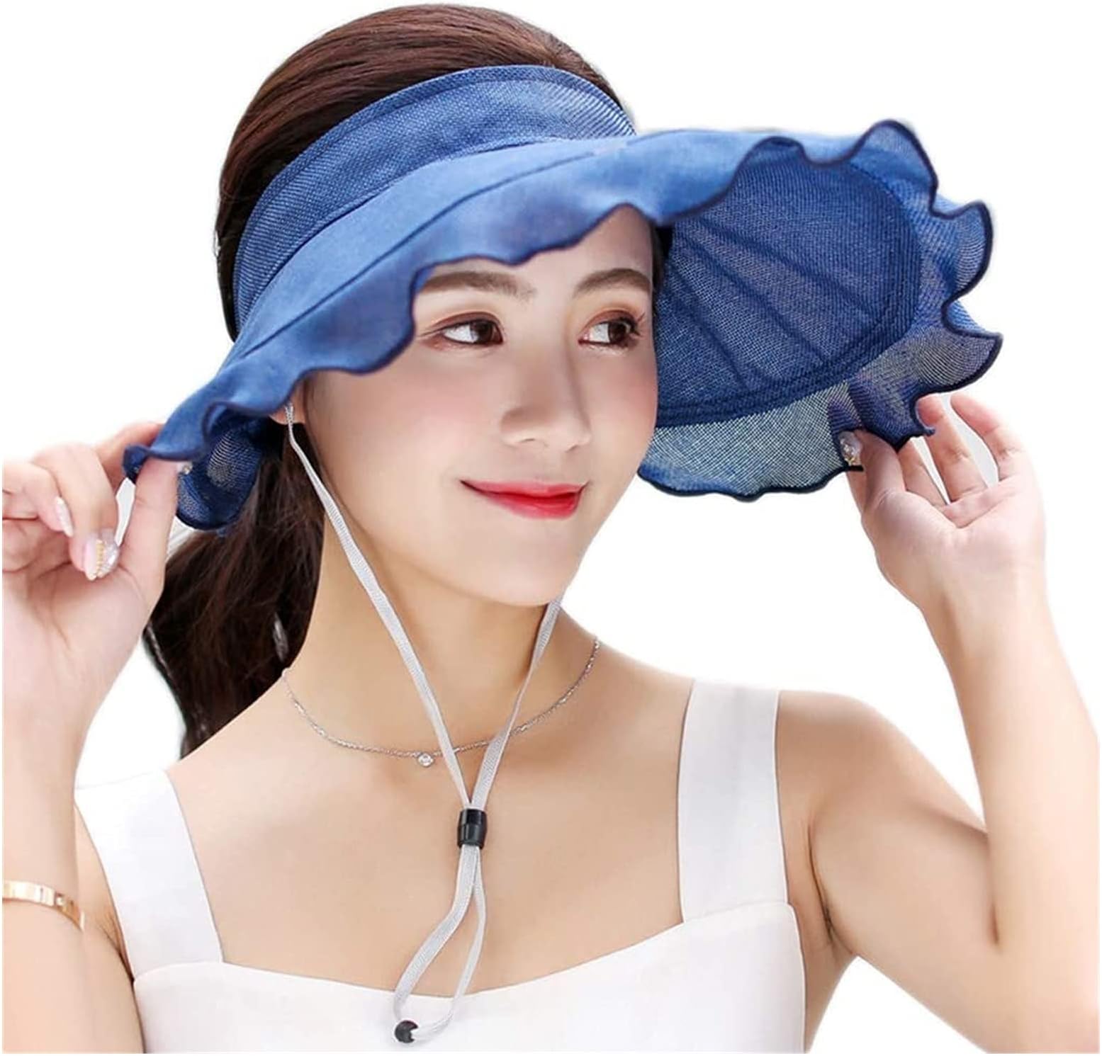 Women Summer UV Protection Sun Visor Hat Empty Top Wavy Ruffles Large Wide Brim Sunscreen Roll-Up Foldable Beach Cap for Hiking Outdoor Jsmhh (Color : DB)
