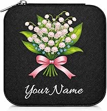 Personalized Jewelry Organizer Box with Floral Design, Travel Jewelry Case with Compartments for Earrings, Rings, Necklaces, 10cm x 10cm x 5cm (Pu Blush Lily Bouquet Black)