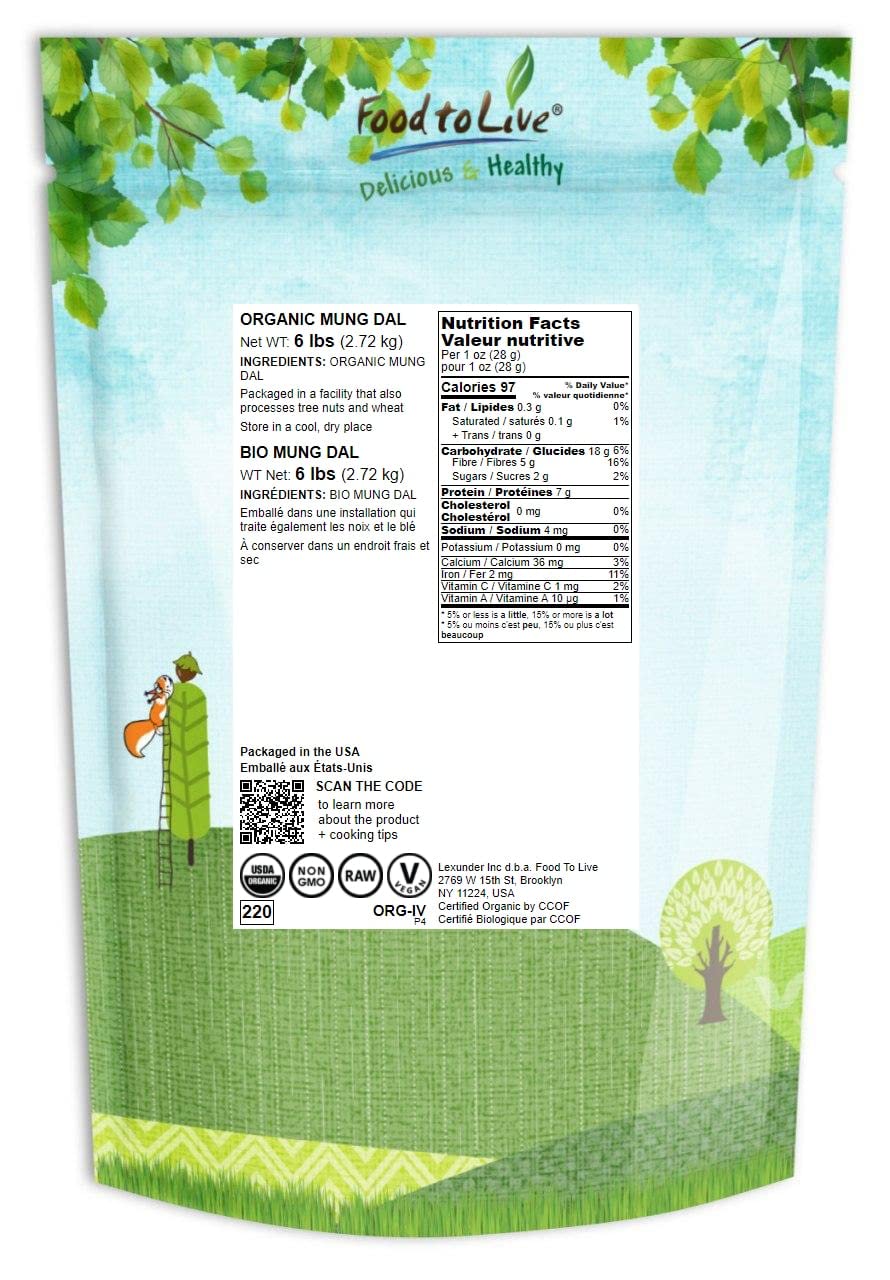 Food to Live Organic Yellow Mung Dal, 6 Pounds – Non-GMO, Peeled Split Mung Beans (Moong Dal). Ayurvedic Food. Easy to Cook. High in Dietary Fiber, Protein, Iron. Great for Soup, Kitchari, Curries