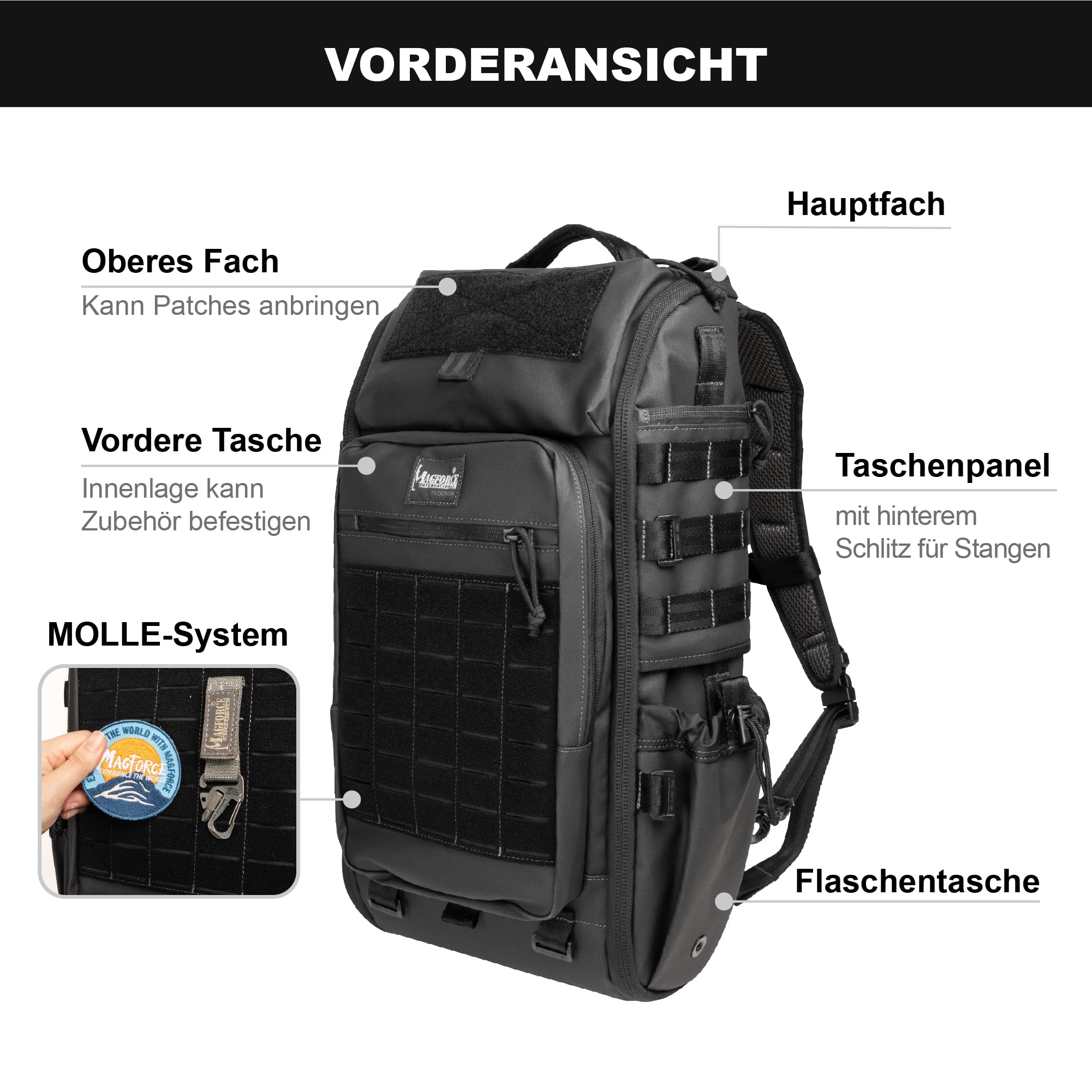 Magforce Tactical Raider - Mochila militar Molle de 25 litros, ligera y compresible, nailon balístico, compartimento para portátil, mochila de senderismo al aire libre con muchos bolsillos y correa