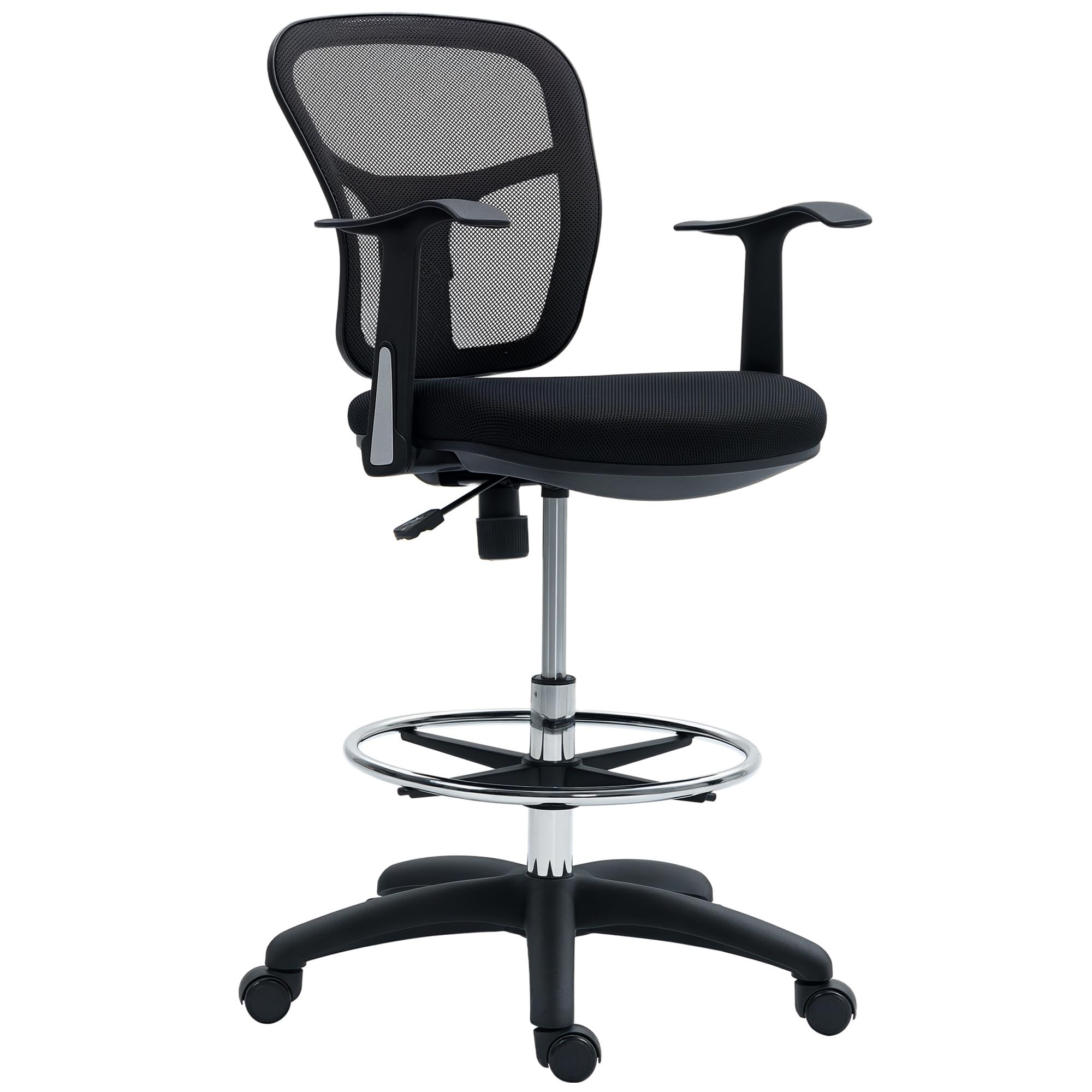HOMCOM Silla de Oficina giratoria con aro para los pies y Respaldo Curvado, Silla ergonómica de poliéster, Espuma y plástico, Regulable en Altura, 55x58x94 cm, Negro