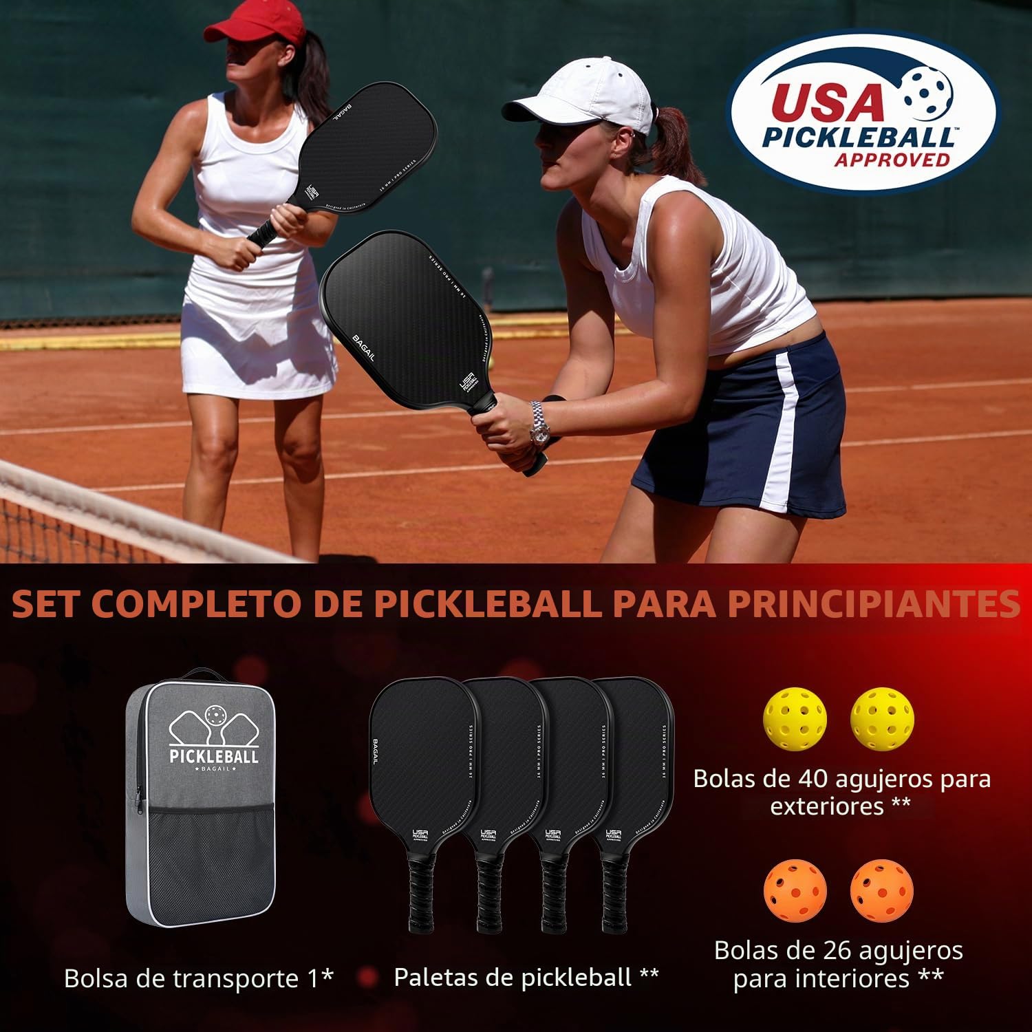 BAGAIL Juego de Paletas de Pickleball con 4 Pelotas, Ligeras, Ergonómicas