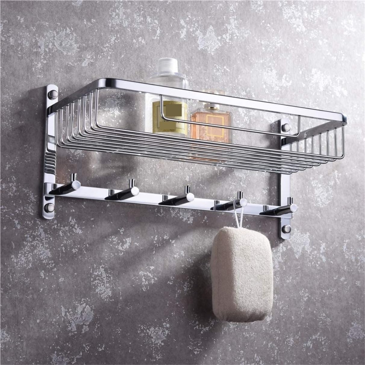 Estantería Cocina y Baño Estante De Ducha Montado En La Pared Cesta Almacenamiento Baño Cromo Latón Con 5 Ganchos Estanteria Ducha