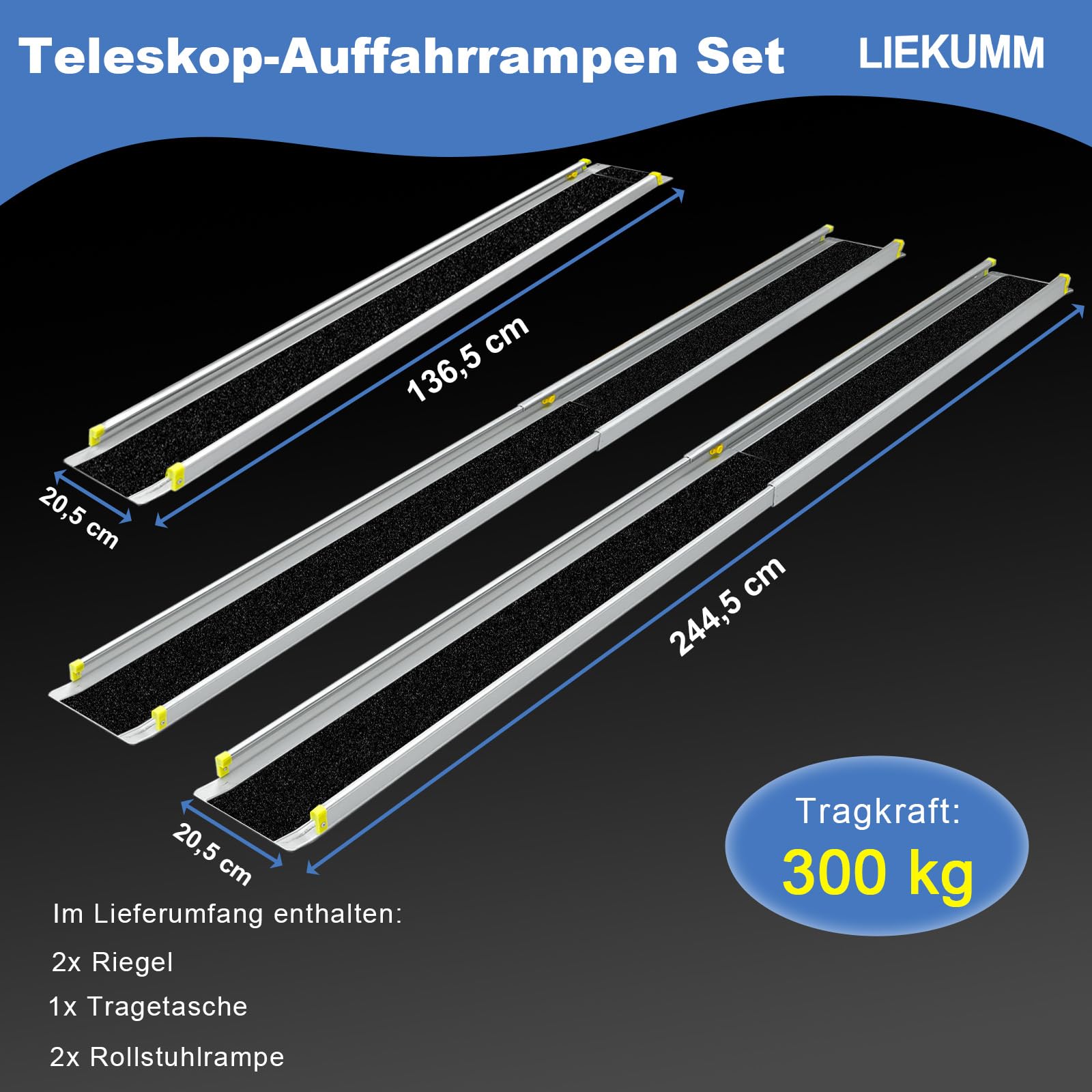 LIEKUMM Set di 2 rampe per sedia a rotelle, in alluminio, estensibili da 136,5 a 244,5 cm, portata 300 kg, rampa di carico per sedia a rotelle, rampa soglia per bagagliaio, scale, sedia a rotelle