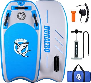 DURAERO Aufblasbares Bodyboard 105 x 53 x 10 cm, Boogie Board für Kinder und Erwachsene, mit 3 sicheren Haltegriffen, Leash, Pumpe, Tragetasche und Reparaturset