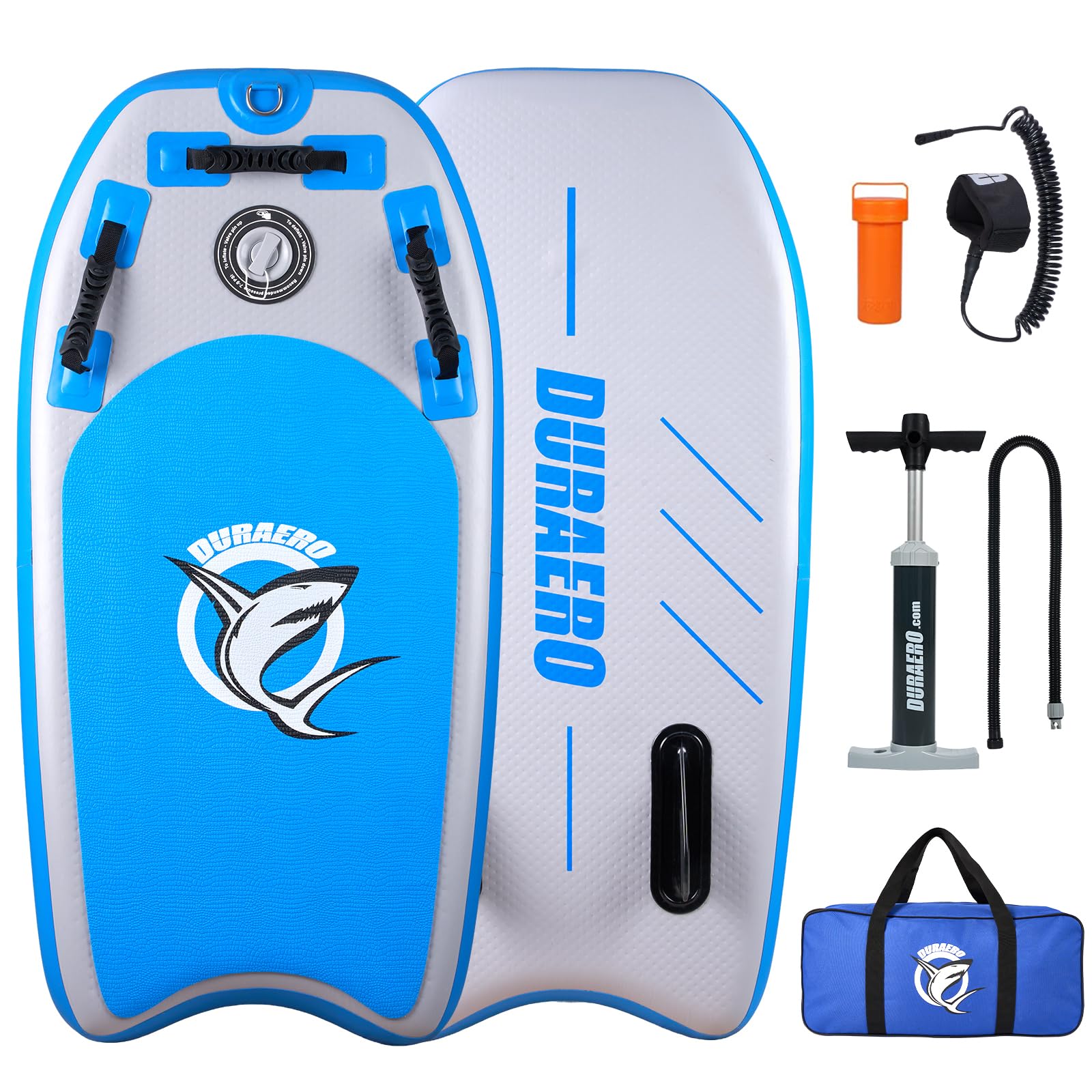 DURAERO Aufblasbares Bodyboard 105 x 53 x 10 cm, Boogie Board für Kinder und Erwachsene, mit 3 sicheren Haltegriffen, Leash, Pumpe, Tragetasche und Reparaturset
