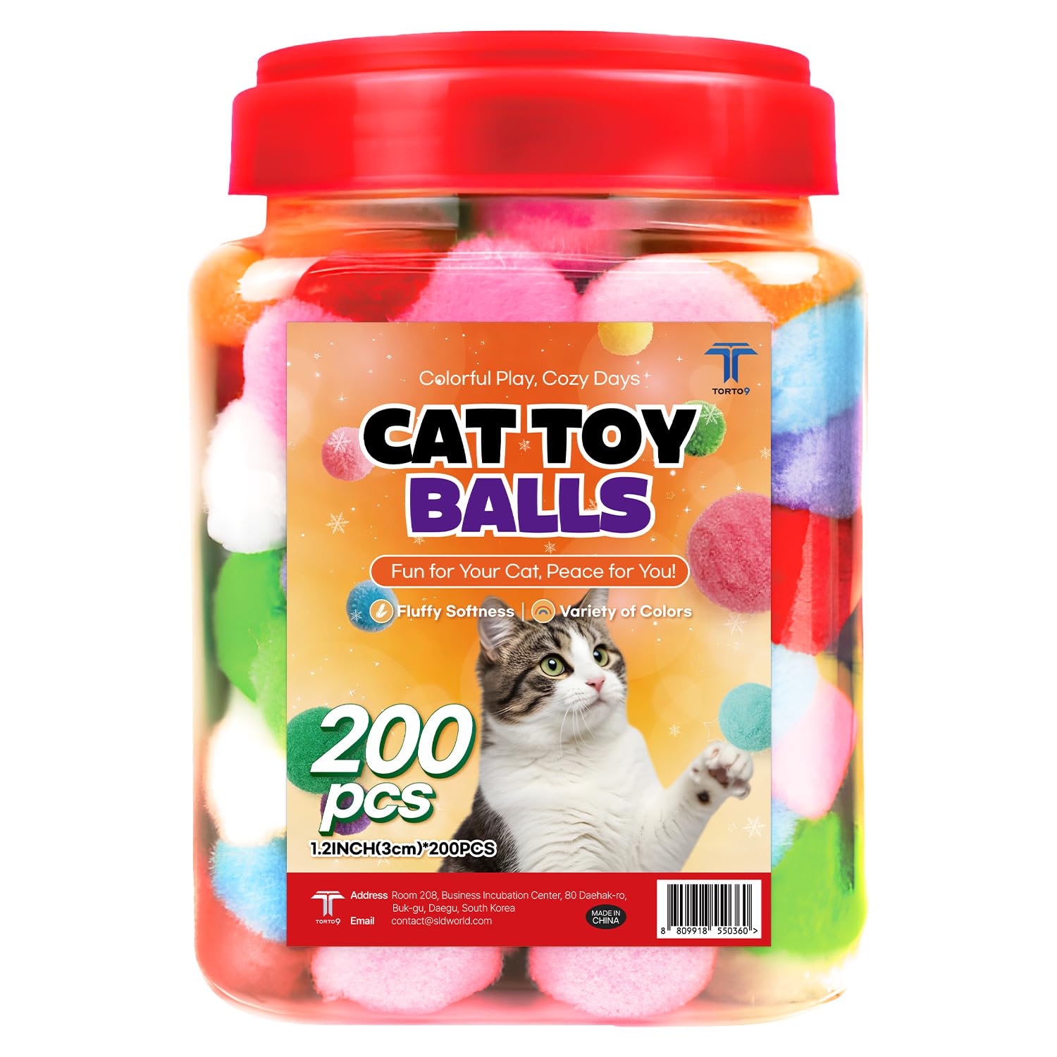 200Pcs Cat Toy Plush Balls - 1.2" Soft Pom Poms in Jar for Indoor Cats