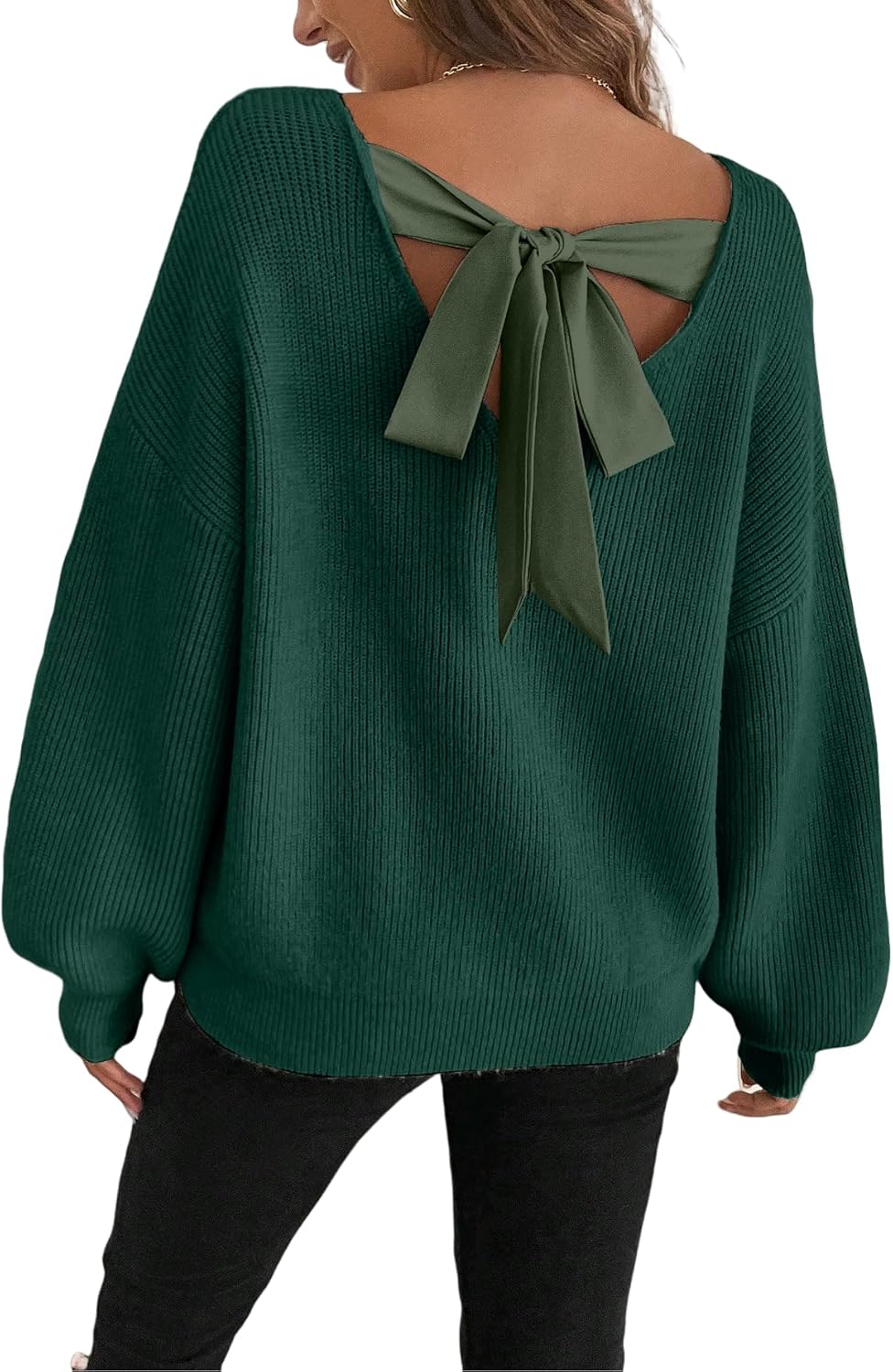 Women's Off The Shoulder Pullover Bow Tie Crew Neck Long Sleeve Sweater Cute Trendy Cozy Sweaters