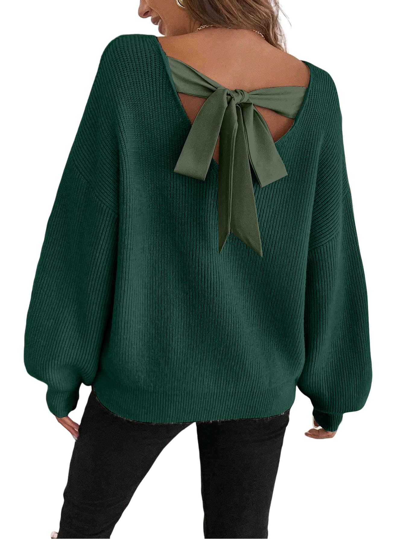 fotklax Women's Off The Shoulder Pullover Bow Tie Crew Neck Long Sleeve Sweater Cute Trendy Cozy Sweaters-picture-32