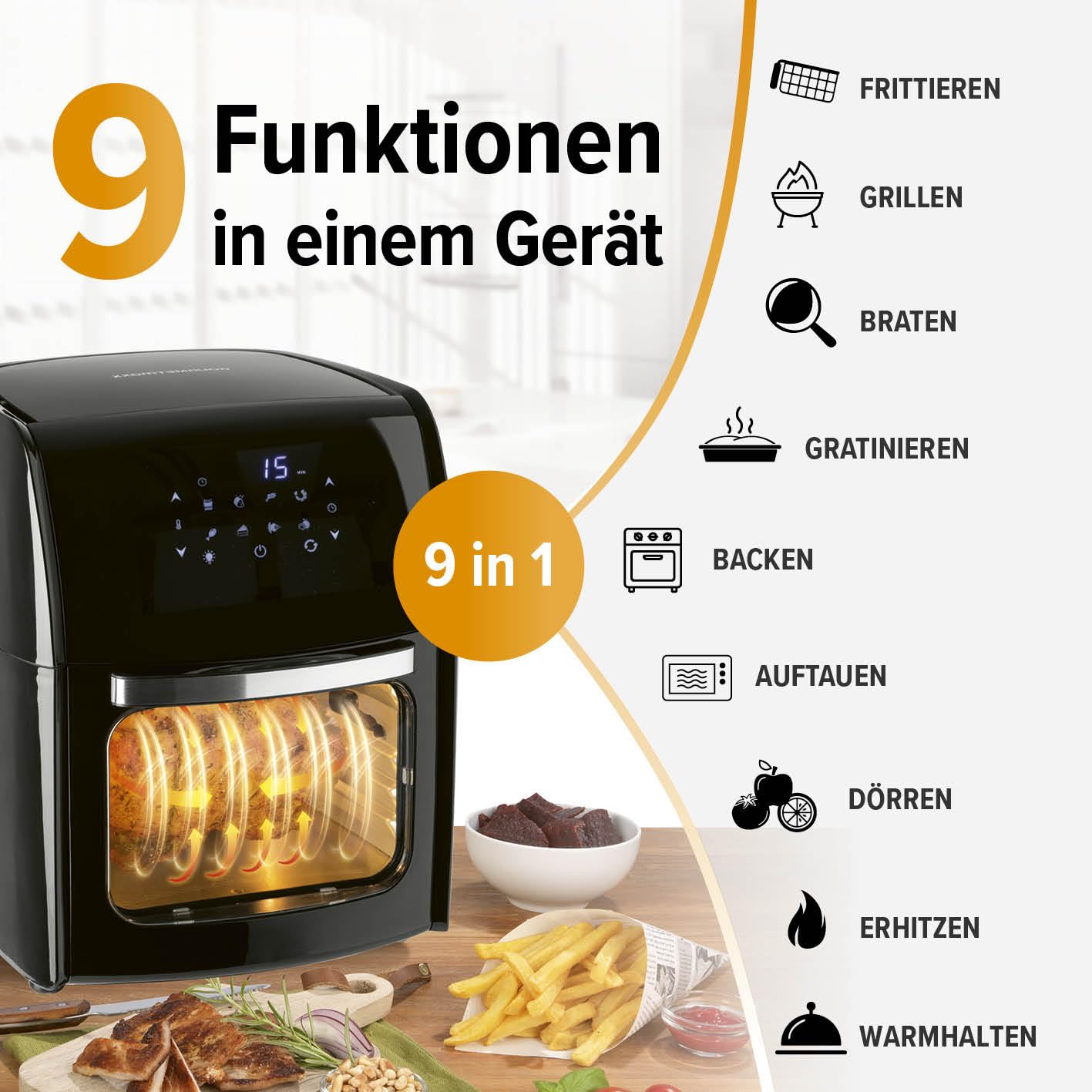 GOURMETmaxx Digitale Heißluftfritteuse 12L XXL-Ofen | Airfryer mit Timerfunktion, Touchdisplay, Drehspieß & Backgitter | fettarm, energiesparend frittieren | 8 Programme, 1800 W