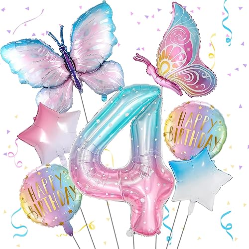 Globos de mariposa para decoración de cumpleaños de 4 años para niñas, globos de aluminio de color rosa degradado, globo gigante de Mylar con el