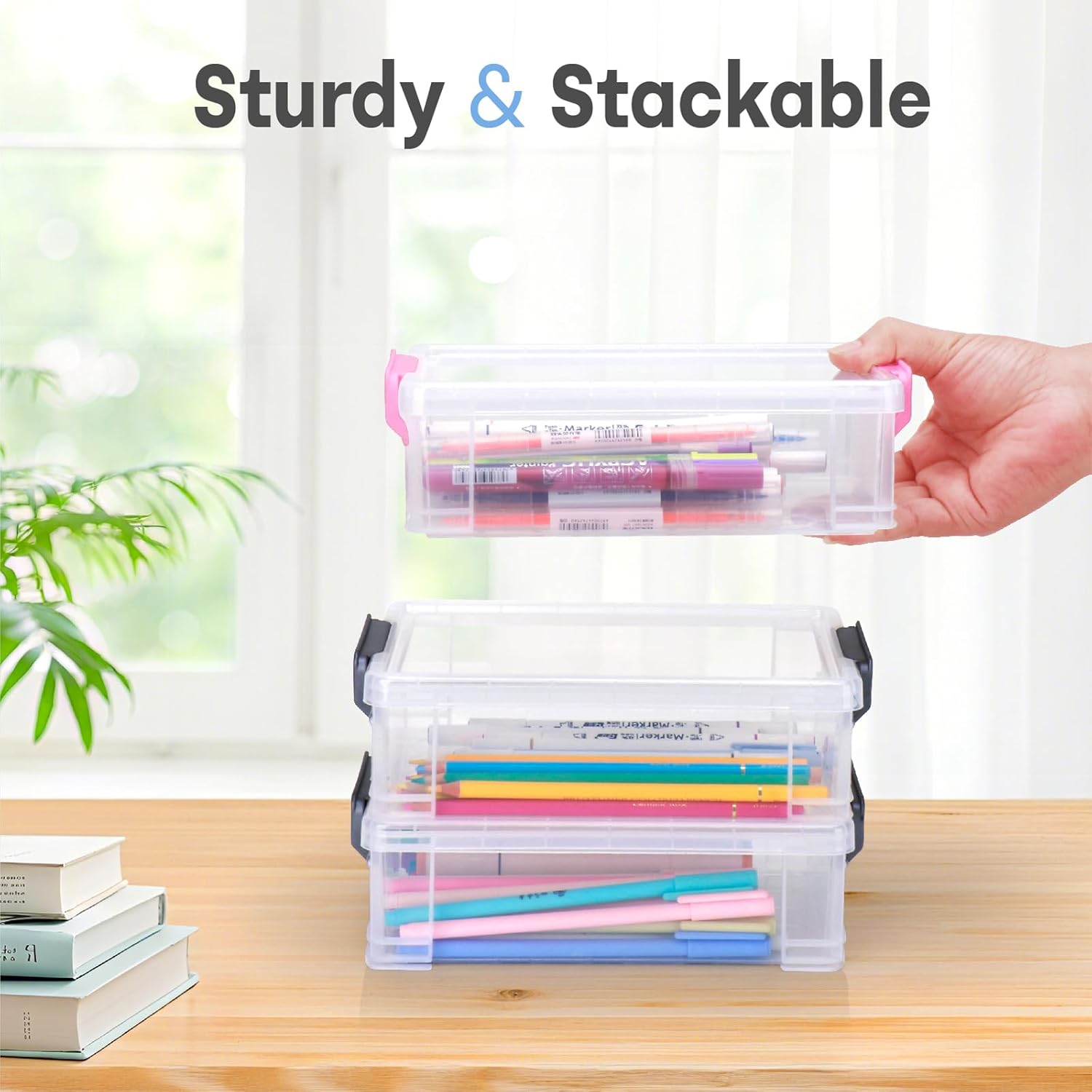 Extra Large Pencil Box, Plastic Hard Pencil Pen Case, Clear Crayon Box Bulk Marker Organizer, Plastic Storage Box Containers With Lids For Craft, Pen, Art, School Office Supplies(Multicolor 6 Pack) - Image 6
