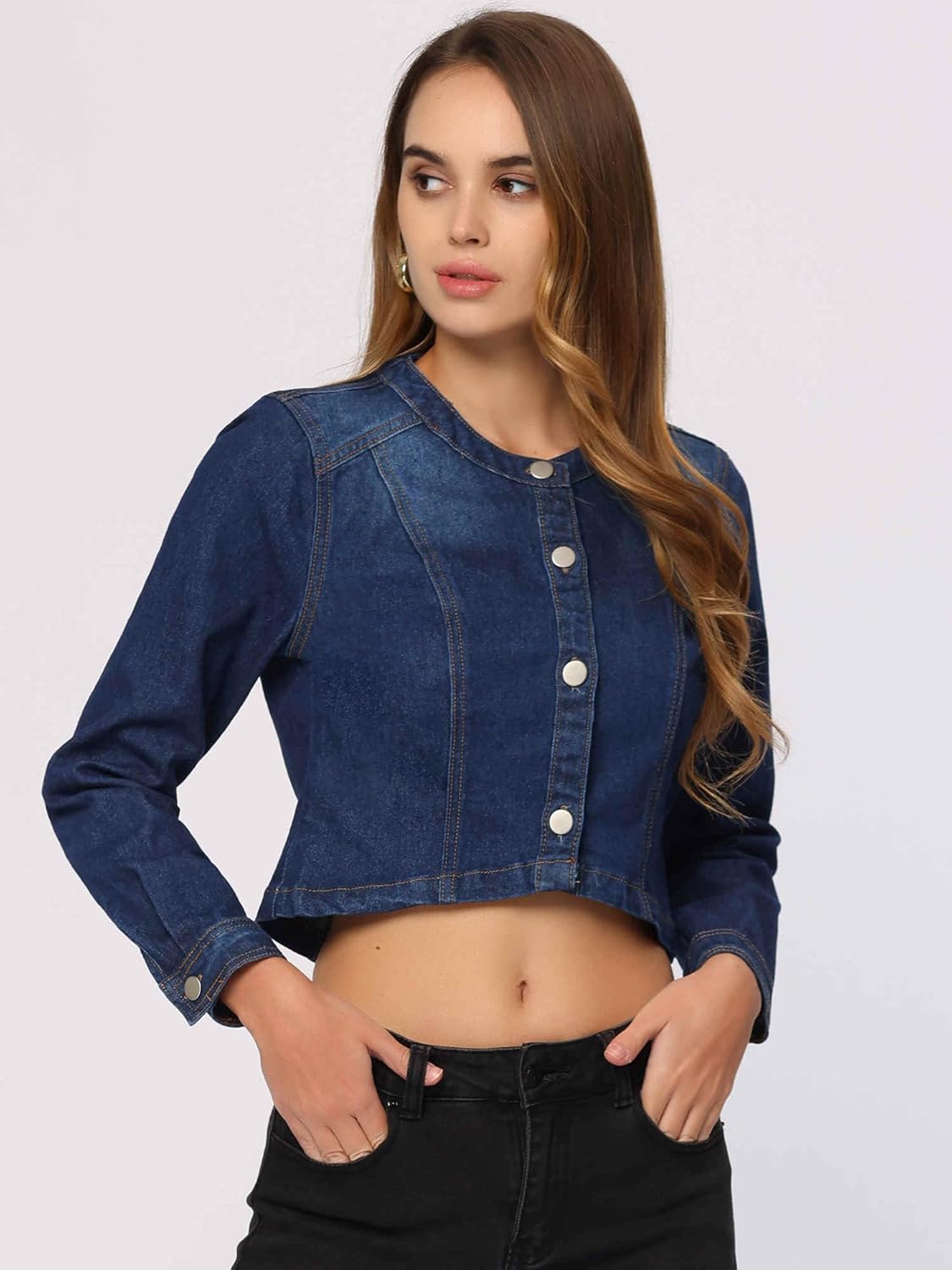 Allegra K Denim Jacket for Women's Collarless Button Down Crop Jean Jackets - Image 6