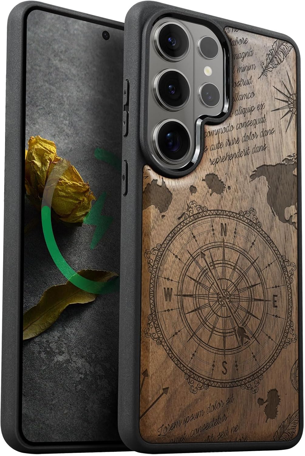 Carveit Magnetic Wooden Case for Samsung Galaxy S26 Ultra Case 2026, TPU Shockproof Cover & Wood Artisan Engraved, Compatible with MagSafe Wireless Chargers (World Flight Network) Blackwood