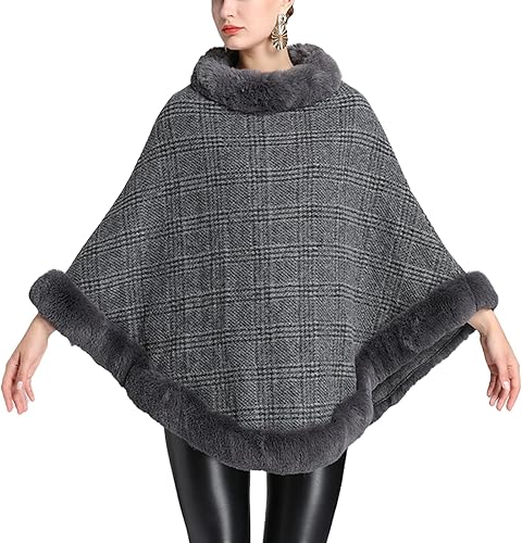 Gihuo Poncho a cuadros para mujer, abrigo cálido de invierno con ribete de piel sintética, elegante capa de chal, chales