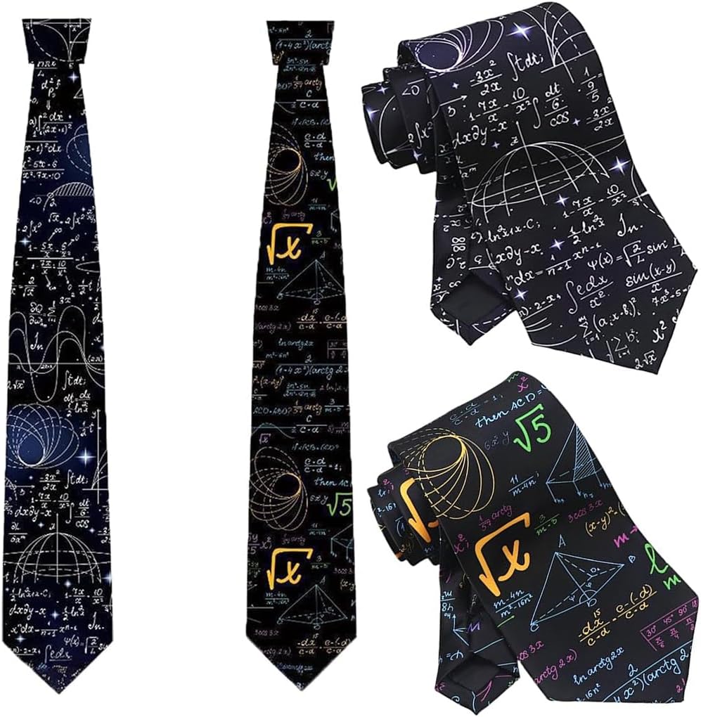 – 2 Pack Men's Ties, Math-themed Neckties, Mathematical Equation Pattern, Add Fun and Style to Your Outfit, Suitable for School Office Daily, Black, 3.15 * 57 Inch