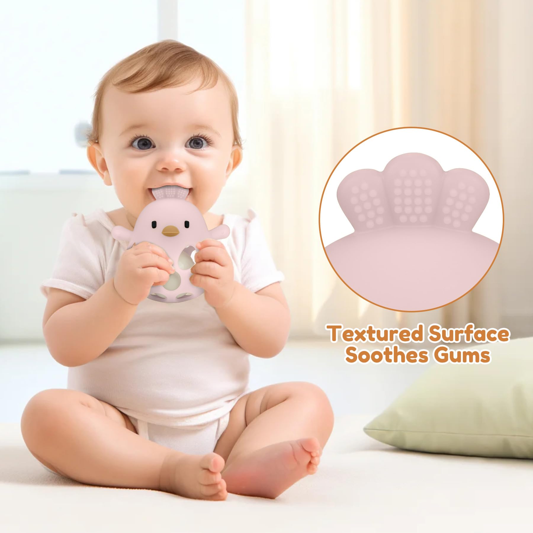 MCGMITT Palla presa per neonati in silicone BPA-free con sonaglio – Gioco sensoriale e motorio a forma di pollo, regalo Montessori per dentizione da 0 6 9 mesi Per neonati e bambini piccoli (Rosa)