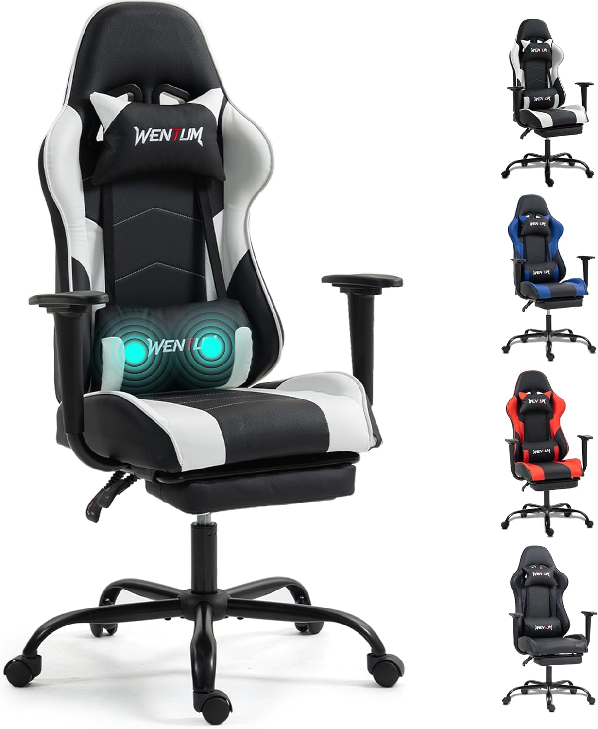 Gaming Chair with Footrest, Ergonomic PC Desk Chair with Headrest and Massage Lumbar Support, Video Game Chair w/Height Adjustable High Back for Home Office, White