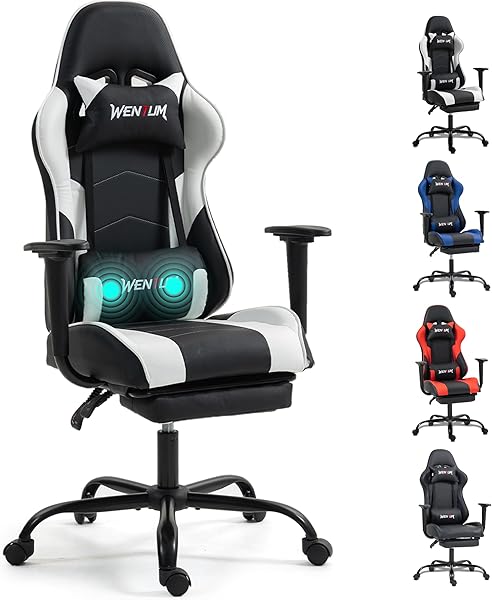 Gaming Chair with Footrest, Ergonomic PC Desk Chair with Headrest and Massage Lumbar Support, Video Game Chair w/Height Adjustable High Back for Home Office, White