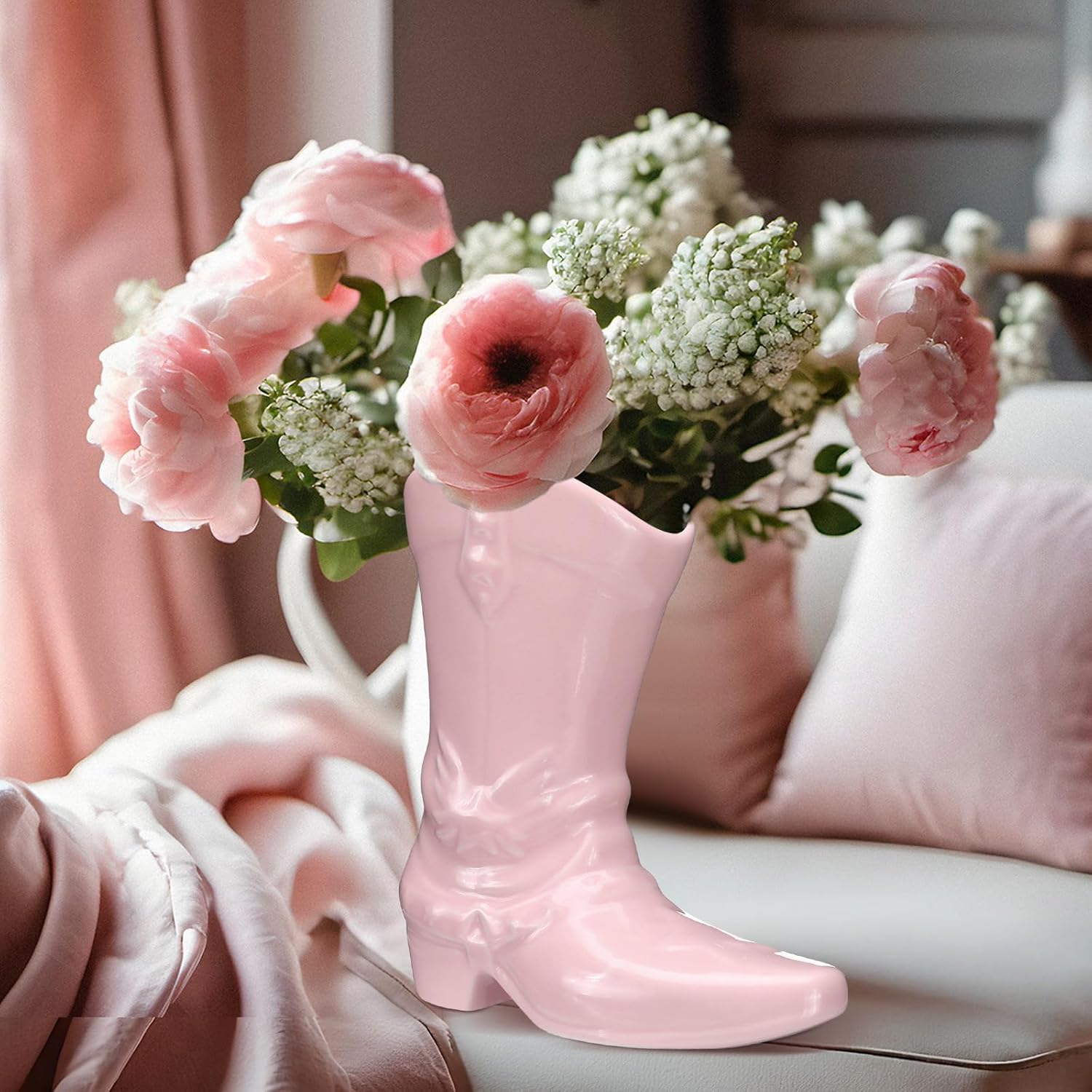 CroBlissful 8.7 Inch Cowgirl Boot Vase for Book Shelf Ceramic Cowboy Decoration Arrangements Nice Western Country Accent Vase Unique Boot Planter for Modern Aesthetic Room Wedding Decor (Pink)
