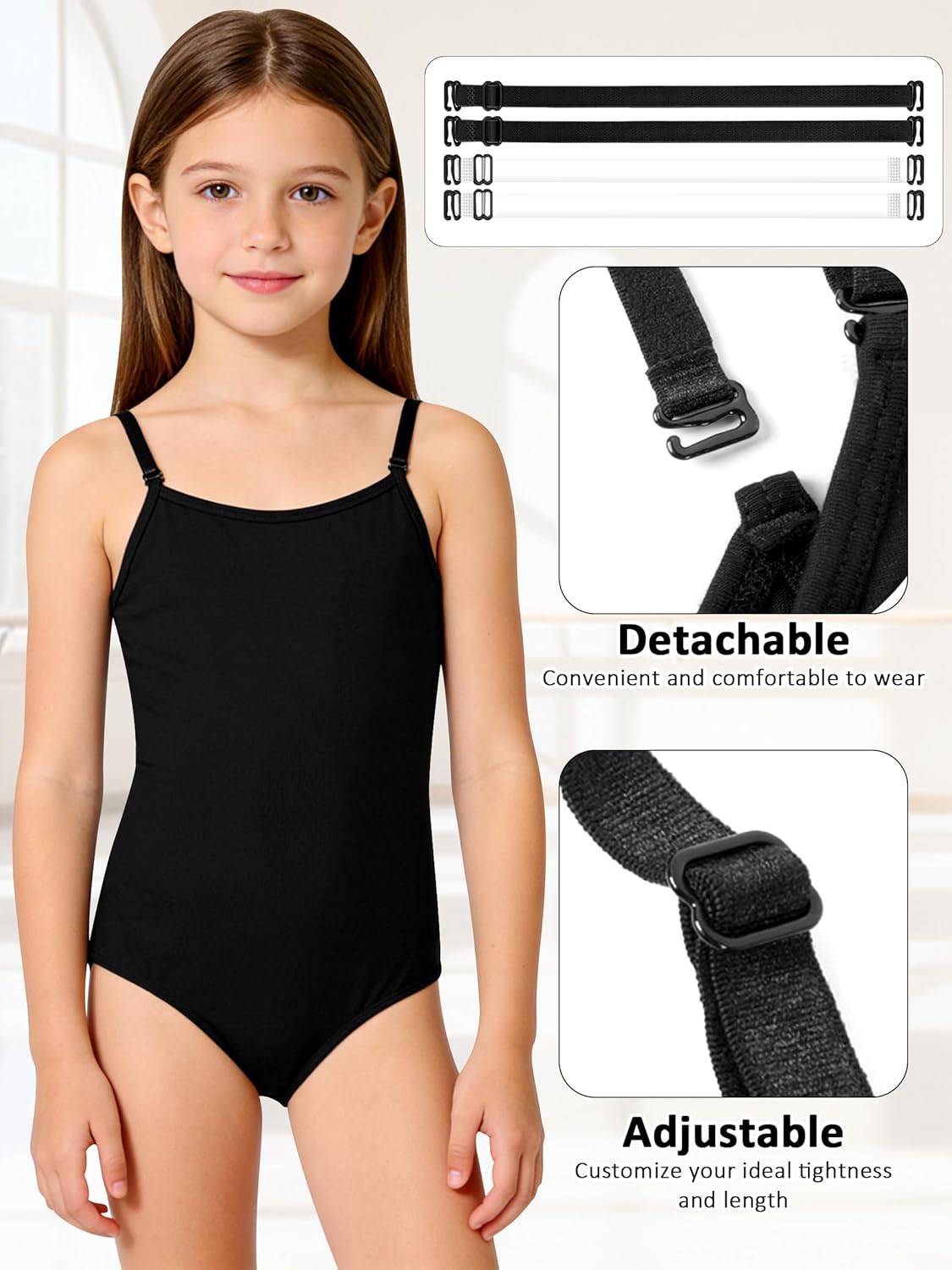 Girls Camisole Dance Leotard for Ballet, Adjustable Detachable Clear Straps, Full Front Lining - Image 2