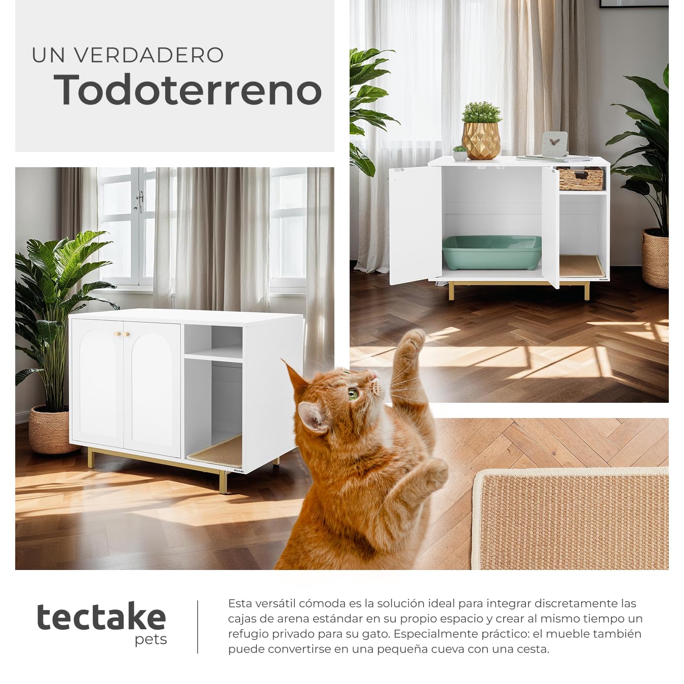 tectake® Mueble arenero Gatos 2 en 1 con Entrada Lateral y Puertas magnéticas, Compartimento Integrado, Alfombra arenero Gato, para Caja de Arena Gatos - Blanco/Dorado