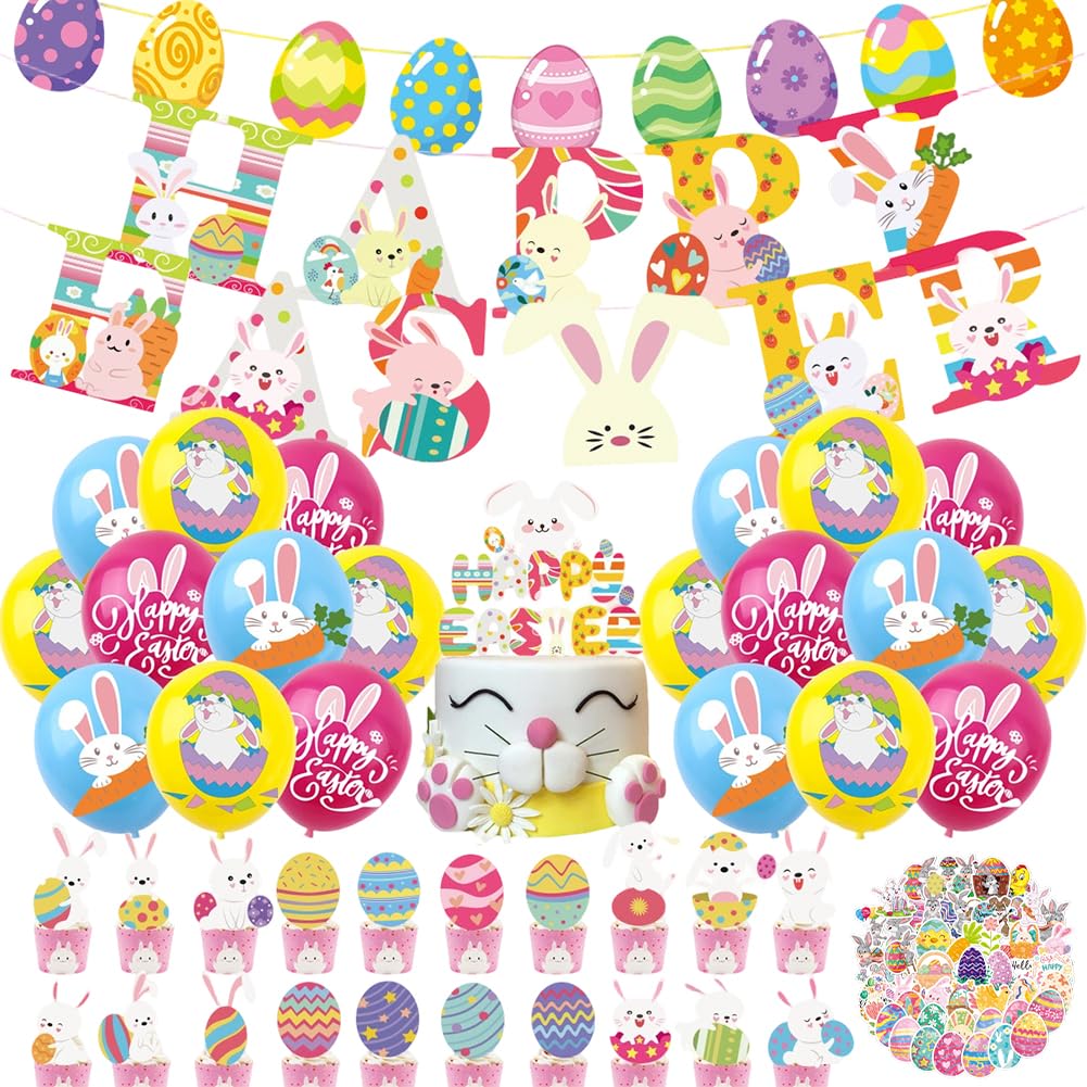 Opvxzad Pink Easter Party Decorations Set For Home, 93-Piece Rabbit Bunny Egg Kit With Banner, Balloons, Cake Toppers & Gift Supplies For Easter Day Party, Egg Hunt, Table Decor