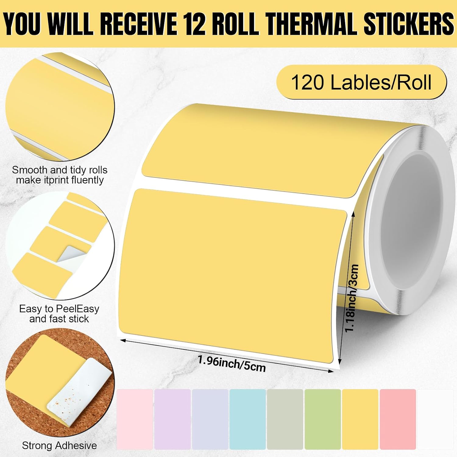Ctosree 12 Rolls Printer Labels Adhesive Thermal Paper Waterproof Thermal Label Stickers Compatible with Phomemo M110 M221 M220 M120 M200 M110s Printer (Macaron Colors,1.18 x 1.96 Inch)