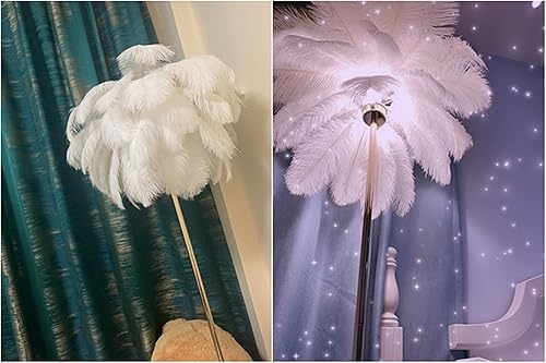 Miniatura 9 de Lámpara de pie de plumas de avestruz natural, lámpara de pie simple y moderna para dormitorio y sala de estar, cuerpo de lámpara dorada, bombilla