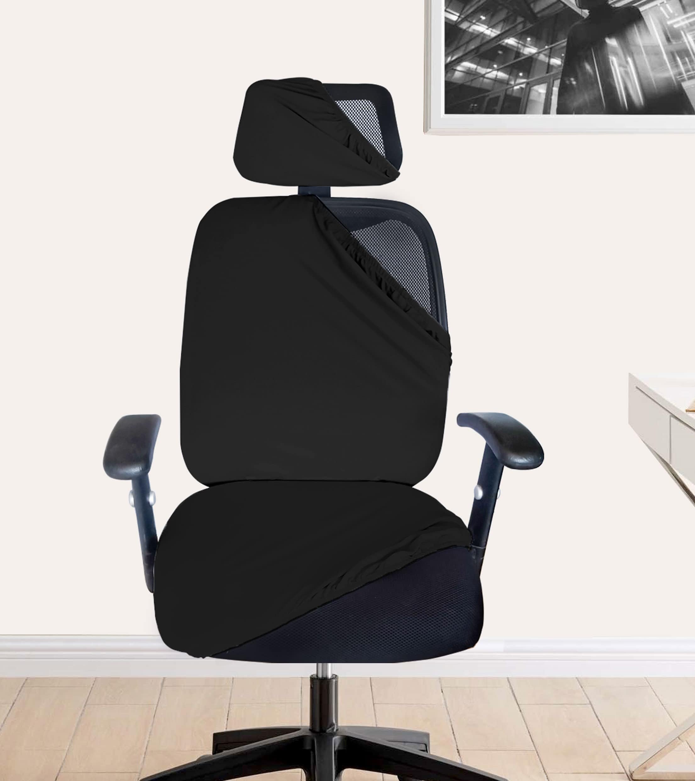 LAZI 2 Piece Black Office Chair Cover with Headrest Cover Stretchable Removable Stain Proof Office Computer Desk Executive Rotating Chair Seat Covers Slipcover Protector for Office Chair