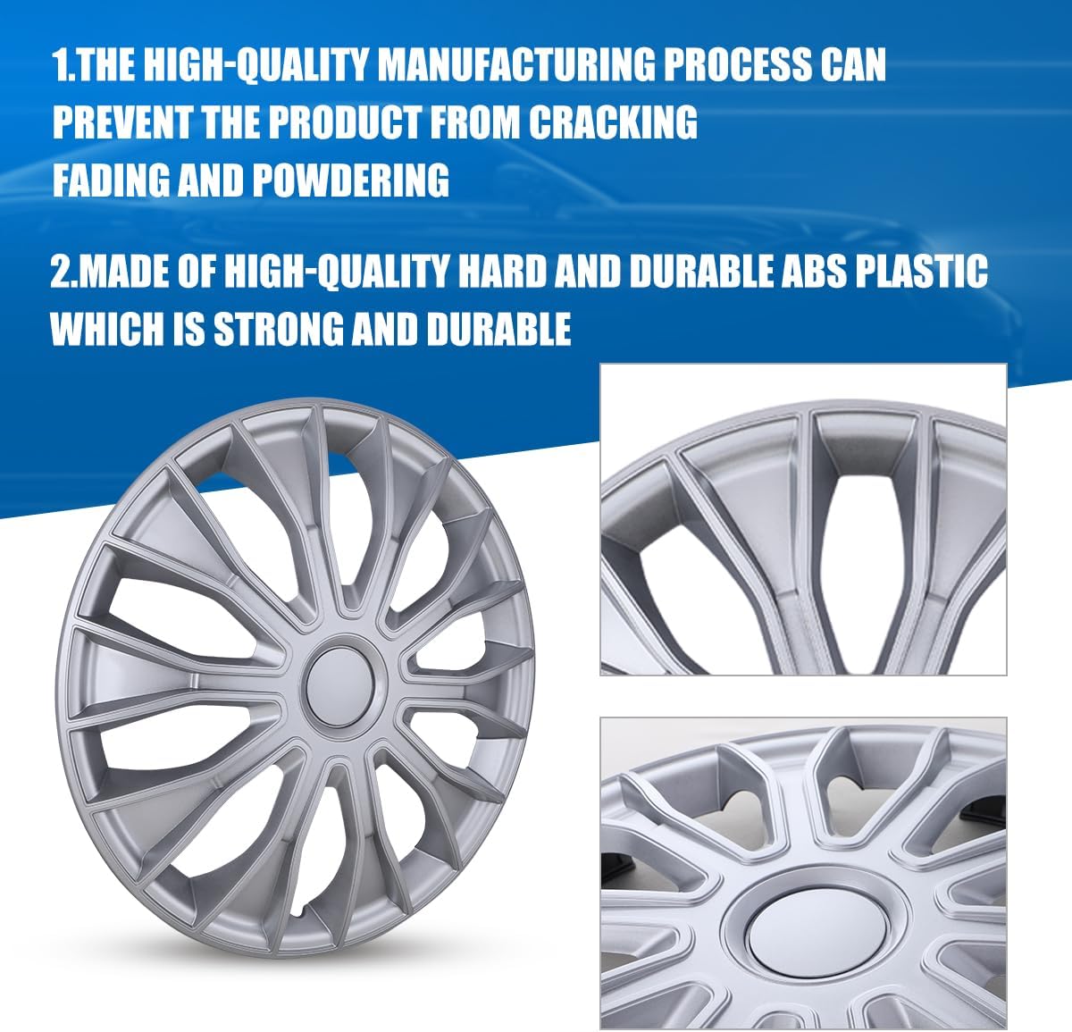 ROXX 15-inch Universal Hubcaps Set, Wheel Rim Covers Replacement(Set of 4), ABS Material Exterior Accessories Snap On Hubcap Fits Most Iron Wheels (Lacquer)