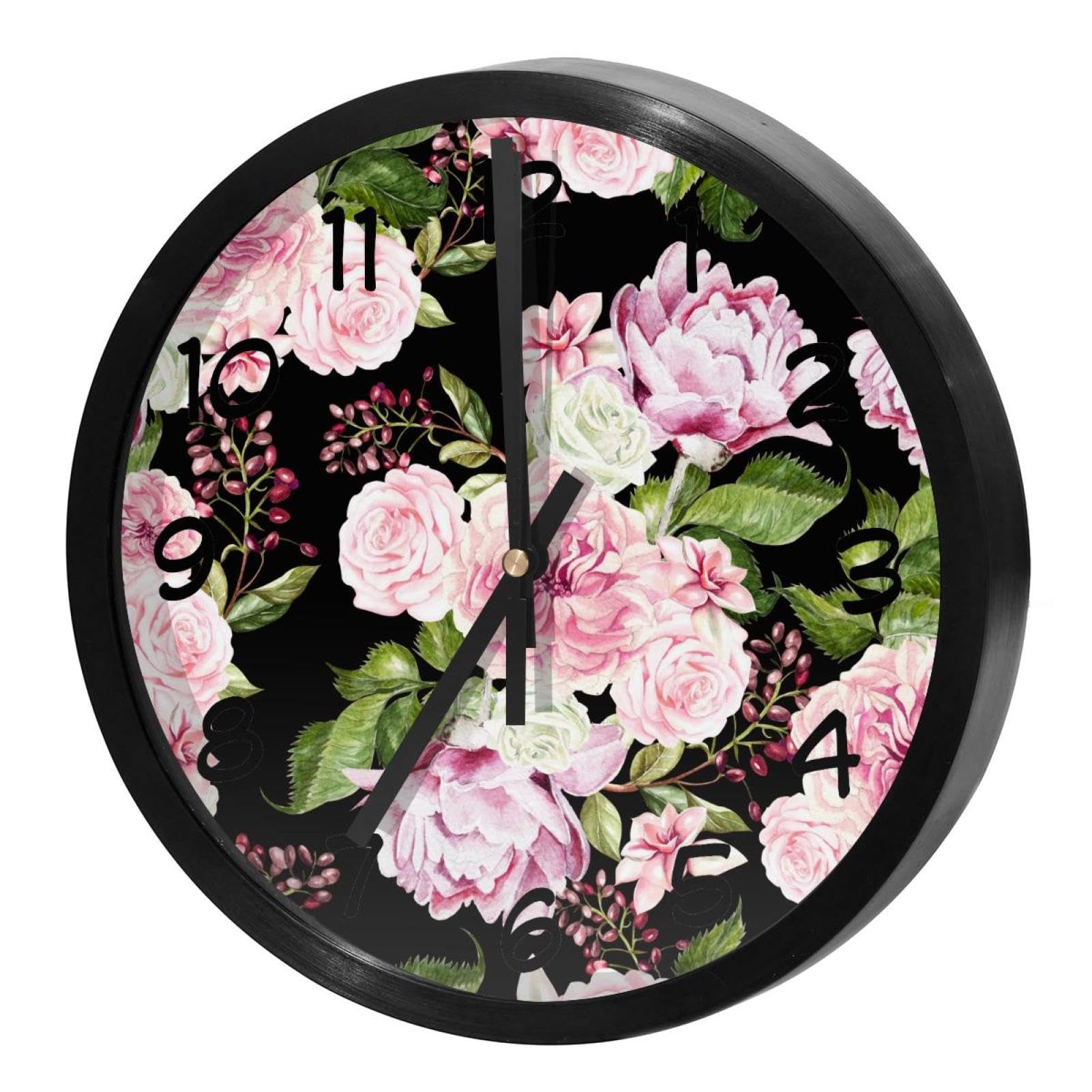 Horloge murale silencieuse à quartz ronde avec motif aquarelle fleurs roses