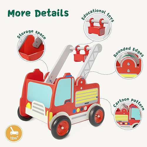 Miniatura 5 de Labebe Andador de madera para bebés, juguete de aprendizaje para niños pequeños de 1 a 3 años, camión de bomberos con ruedas