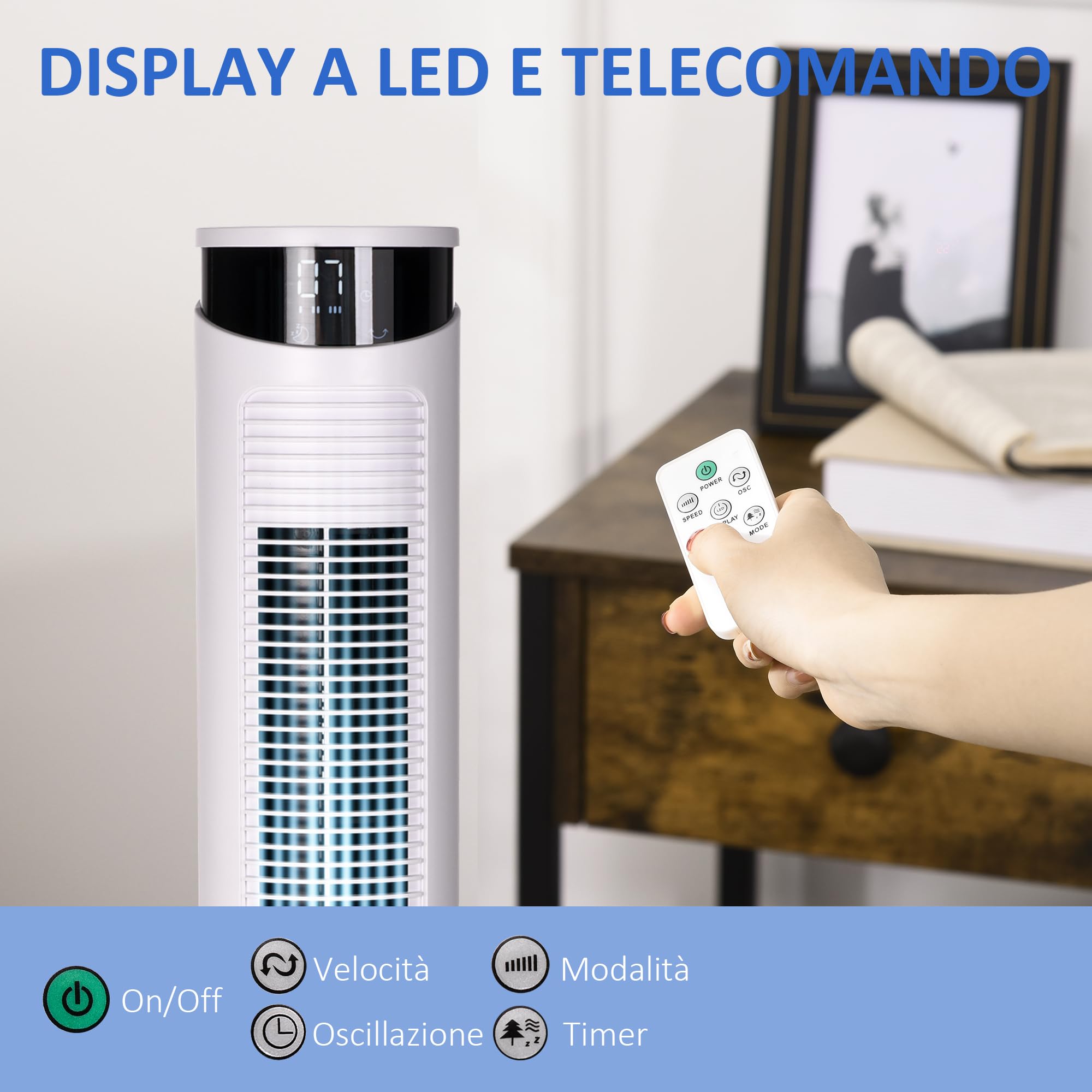 HOMCOM Ventilatore a Torre 45W a 3 Modalità e 3 Velocità con Timer da 12h, Ventilatore da Terra in ABS e Alluminio con Telecomando, Ø31.5x93 cm, Bianco